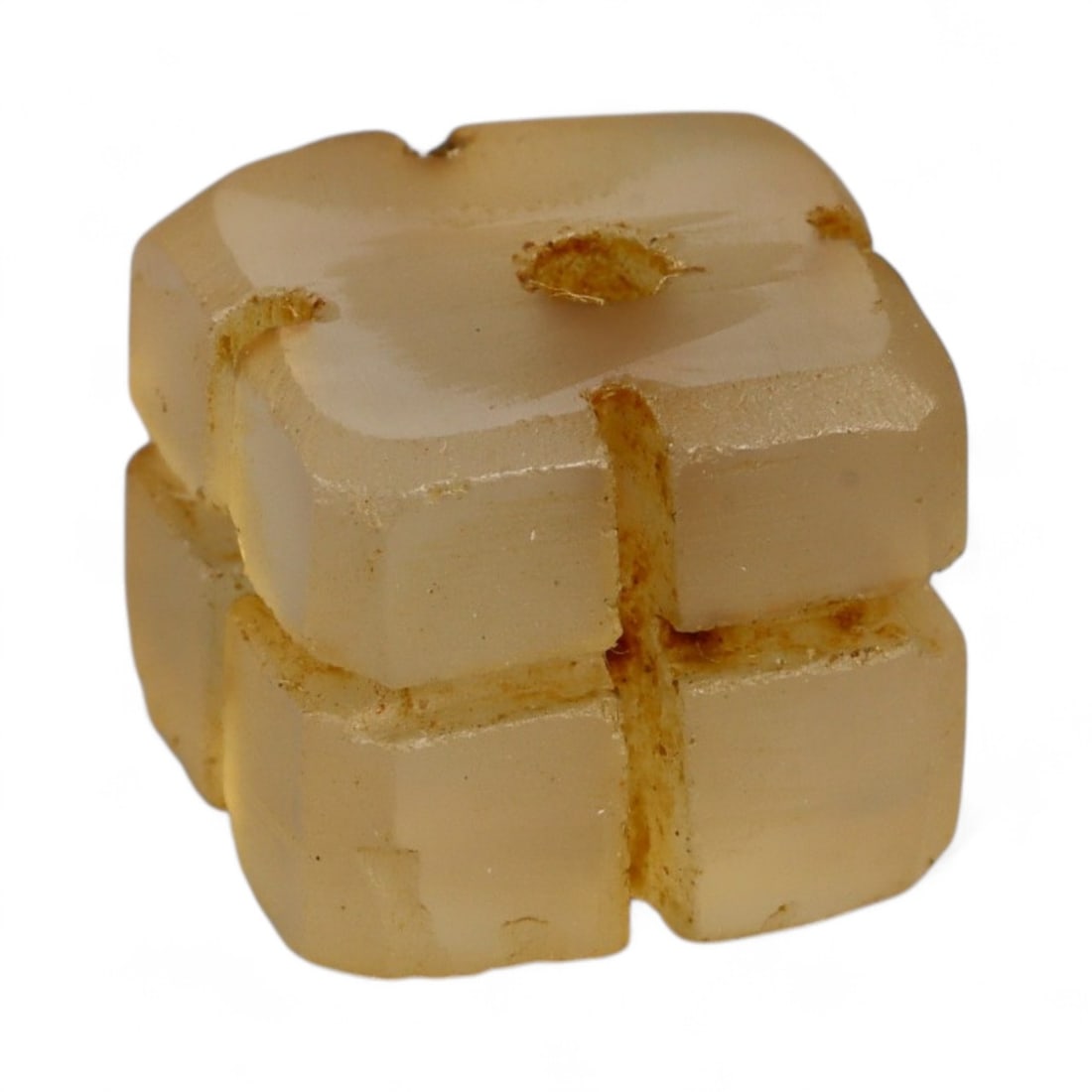 Antique Central Asian Carved Crystal Cube Bead, c. 18th-19th Century 1.1cm: This delicately carved crystal bead, cut into a cube with incised cross-grooves, reflects the artistry of Central Asian lapidaries during the 18th-19th centuries. Its geometric form, softened by age, 