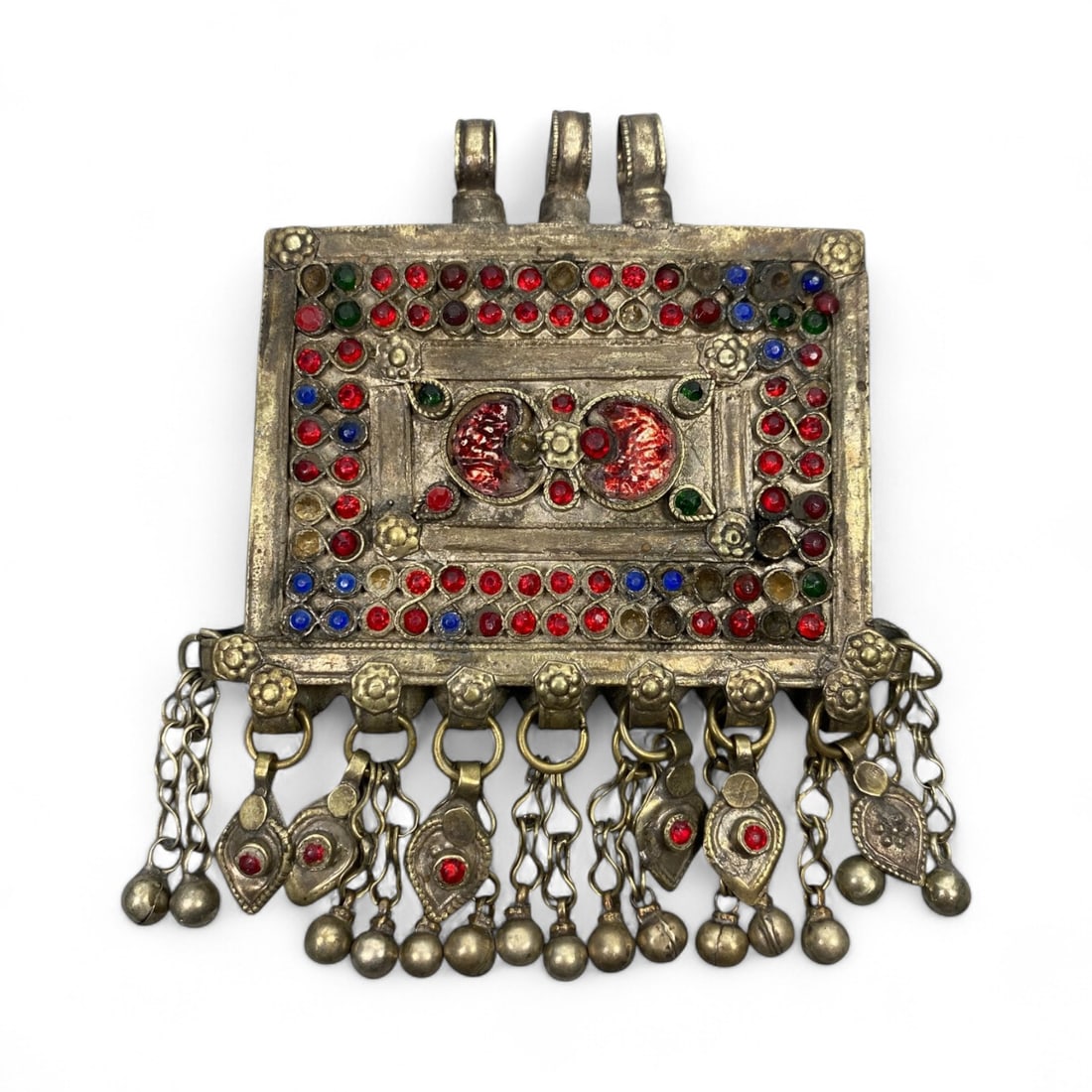 Antique Himalayan Silver Amulet Box Pendant with Glass Inlays, c. 19th Century, 8cm (1 of 2)