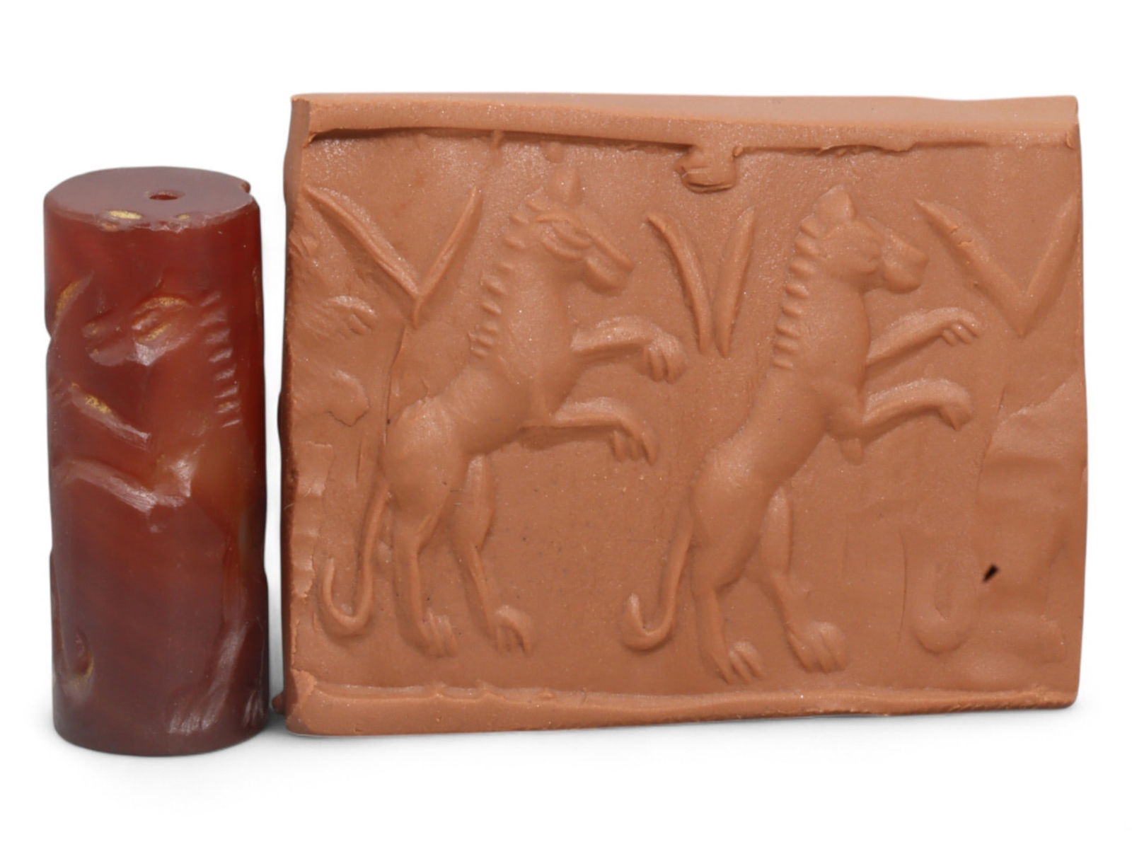Ancient Neo-Assyrian Red Agate Cylinder Seal with Feline Combat Motif, c. 9th-7th Century BCE 7g (1 of 3)