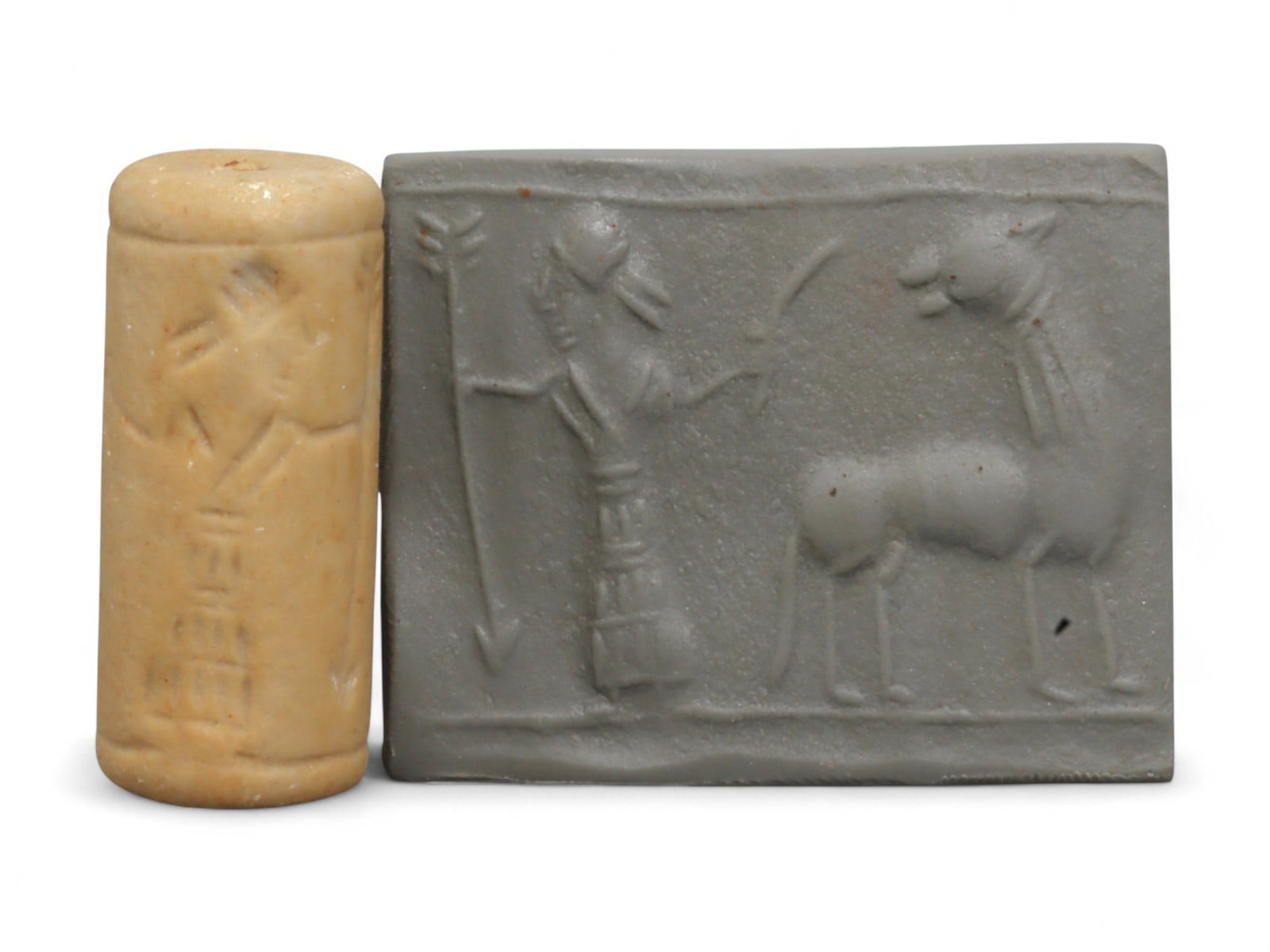 Ancient Mesopotamian Administrative Cylinder Seal, c. 2nd-1st Millennium BCE, 3.5cm: This authentic cylinder seal from ancient Mesopotamia dates to the 2nd to 1st millennium BCE, a time when the art of carving miniature narratives on stone reached remarkable levels of refinement. Seal