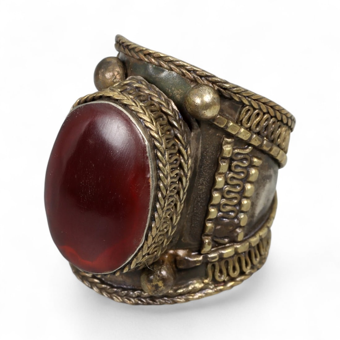 Antique Central Asian Red Stone Filigree Silver Ring, c. 19th-20th Century 8g (1 of 3)
