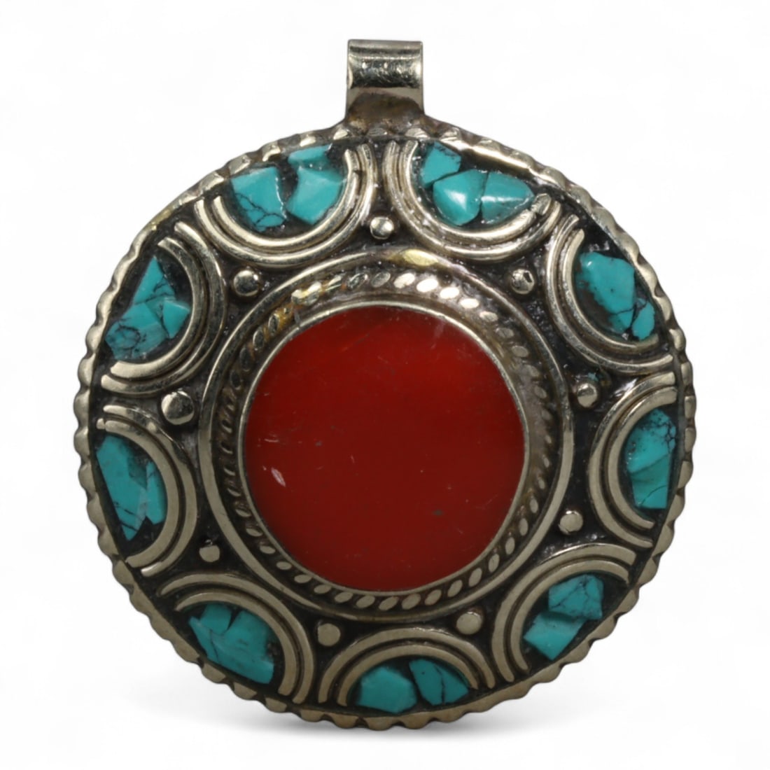 Vintage Himalayan Turquoise Coral Lapis Silver Round Pendant, Mid-20th Century, 4cm (1 of 2)