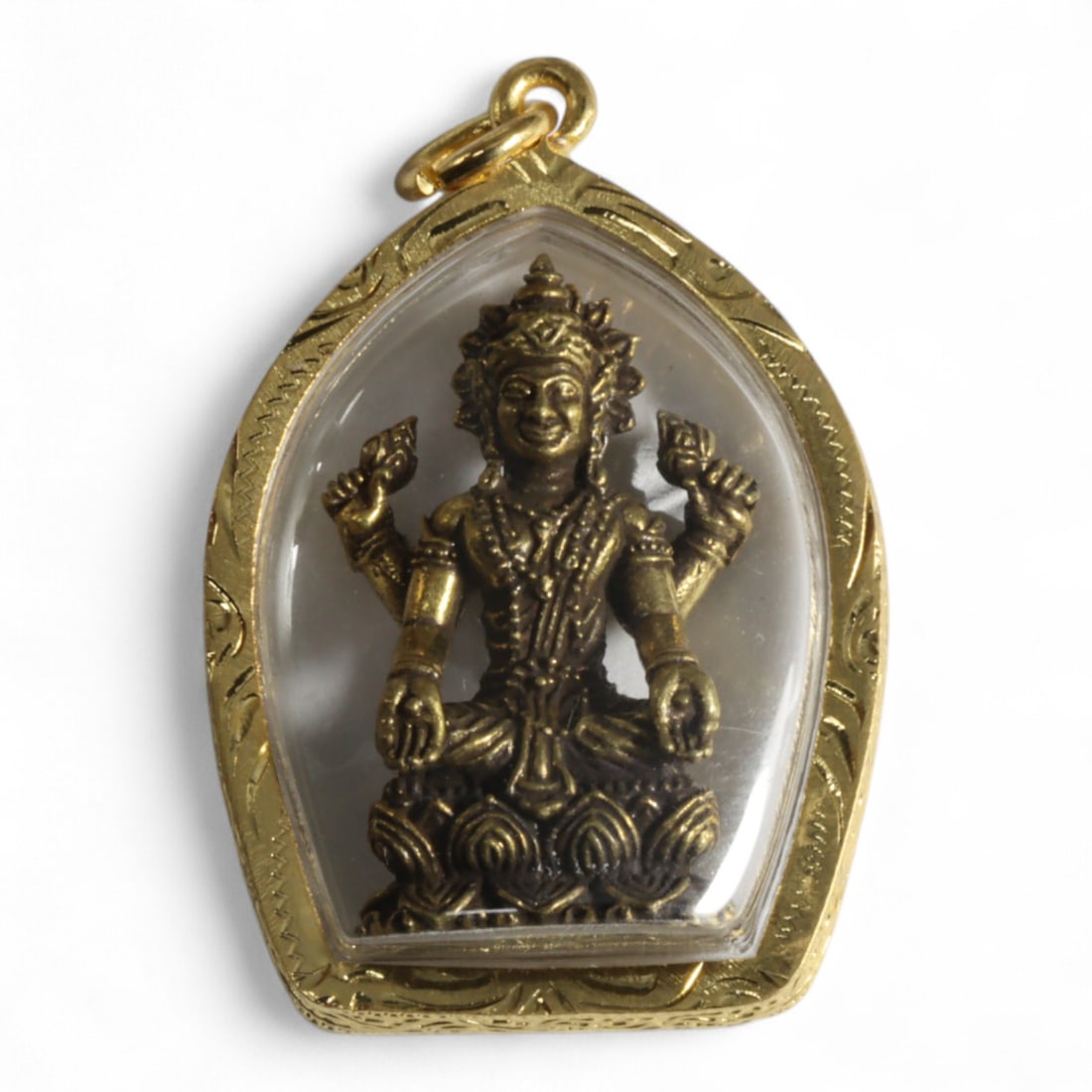 Antique Thai Rattanakosin Four-Armed Deity Amulet in Gilt Frame, 19th-20th Century, 23g (1 of 2)