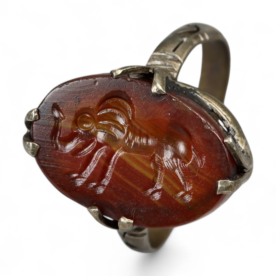 Antique Indo-Persian Elephant Intaglio Carnelian Ring in Bronze Claw Mount, c. 18th-19th Century, 4g (1 of 3)