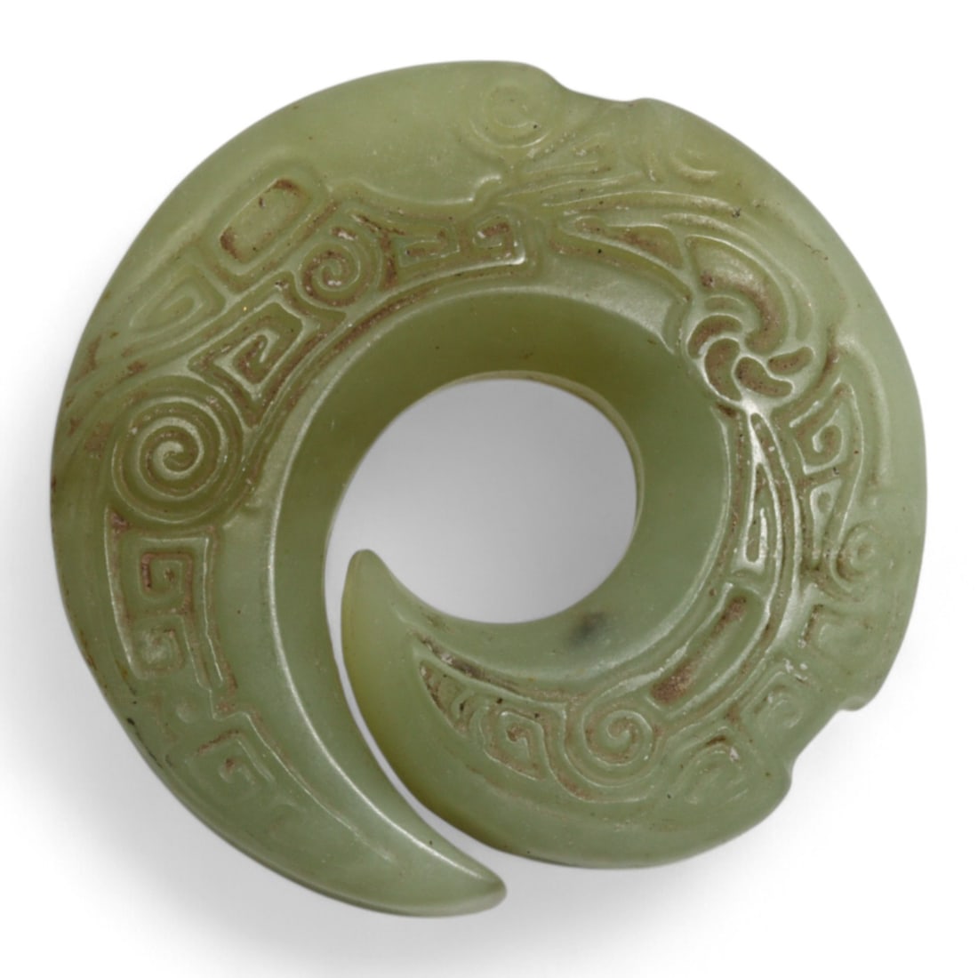 Chinese Antique Jade Horn-Shaped Spiral Pendant with Archaistic Motif, c. 19th-20th Century, 33g (1 of 2)