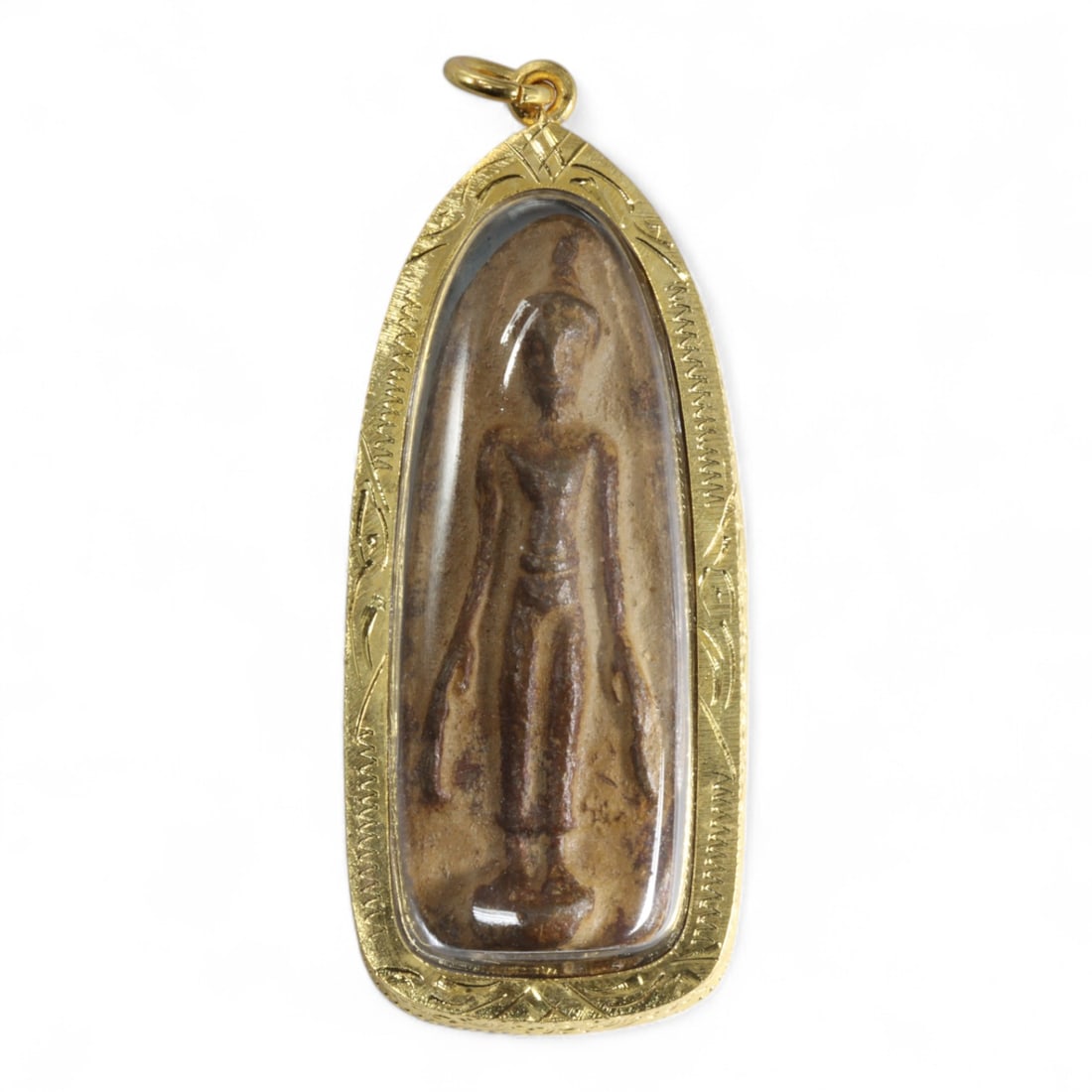 Antique Thai Rattanakosin Standing Buddha Terra-Cotta Amulet in Gilt Frame, 19th-20th Century, 33g: This antique Thai amulet from the late Rattanakosin Kingdom era (19th-20th century) depicts the serene form of the standing Buddha, rendered in terra-cotta and framed within a protective gilt casing. 