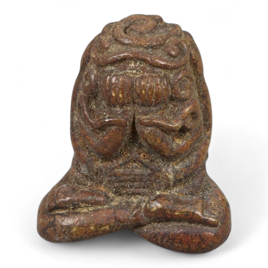Vintage Thai Phra Pidta Amulet in Bronze with Coiled Serpent Motif, Mid 20th Century, 18g: This compact yet powerful vintage Thai amulet depicts Phra Pidta, the "Closed Eyes" monk, seated in full meditation with hands and arms covering his face - a potent symbol of spiritual withdrawal, int