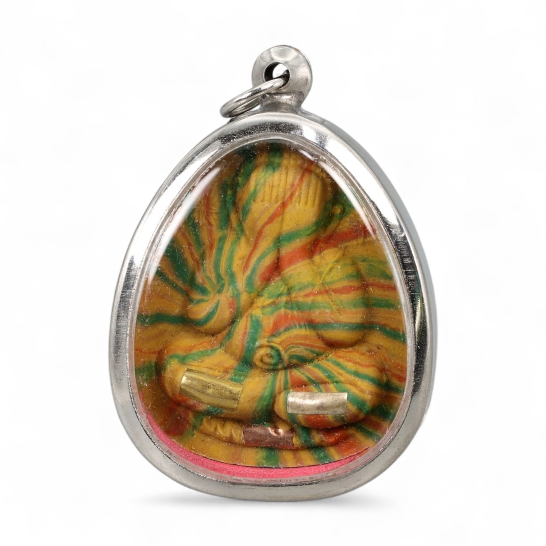 Vintage Thai Rainbow Buddha Teardrop Amulet with Dual Takrut, c. 20th Century CE, 29g (1 of 2)