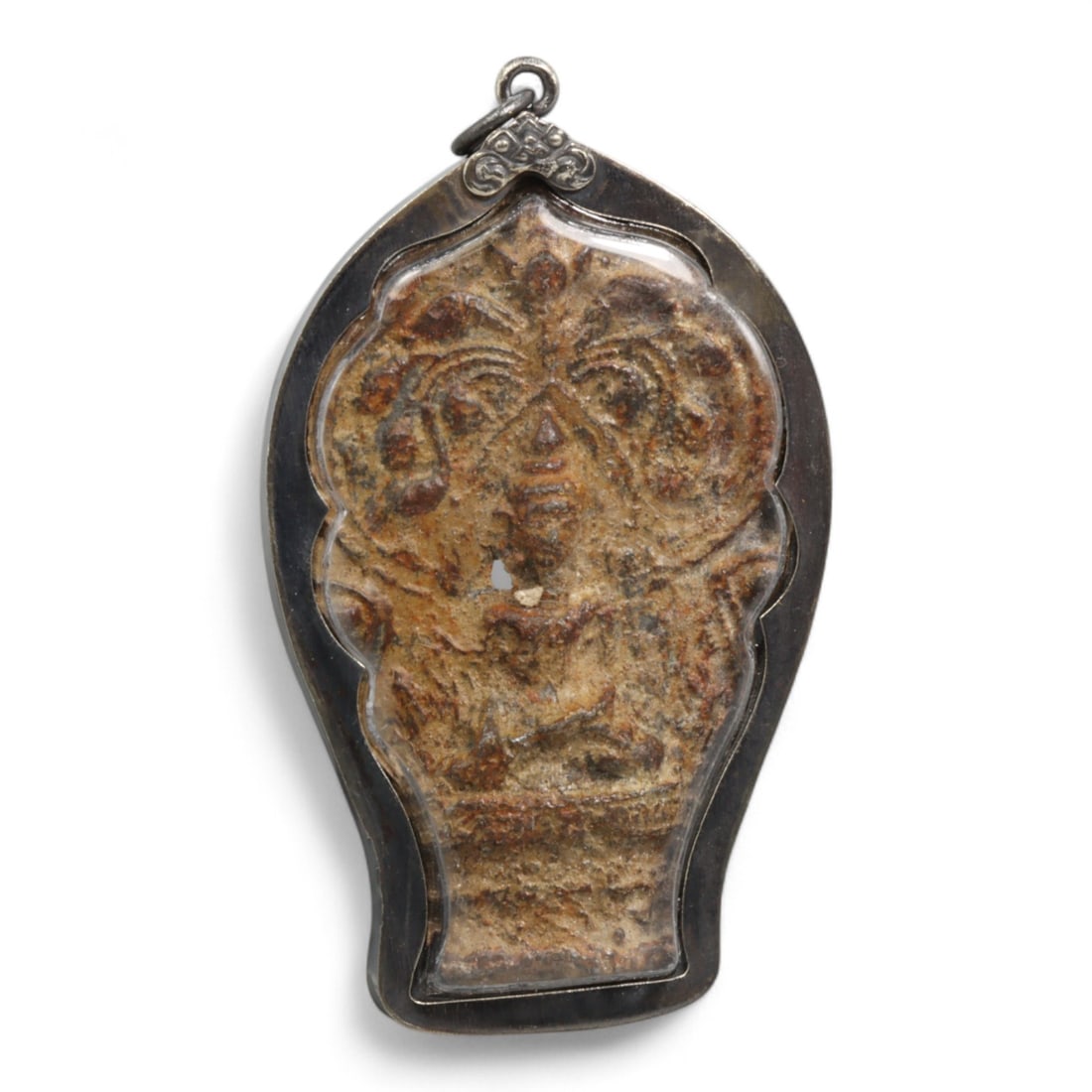 Antique Thai Bodhi Tree Buddha Amulet in Leaf-Form Case, c. Early 20th Century, 37g (1 of 2)