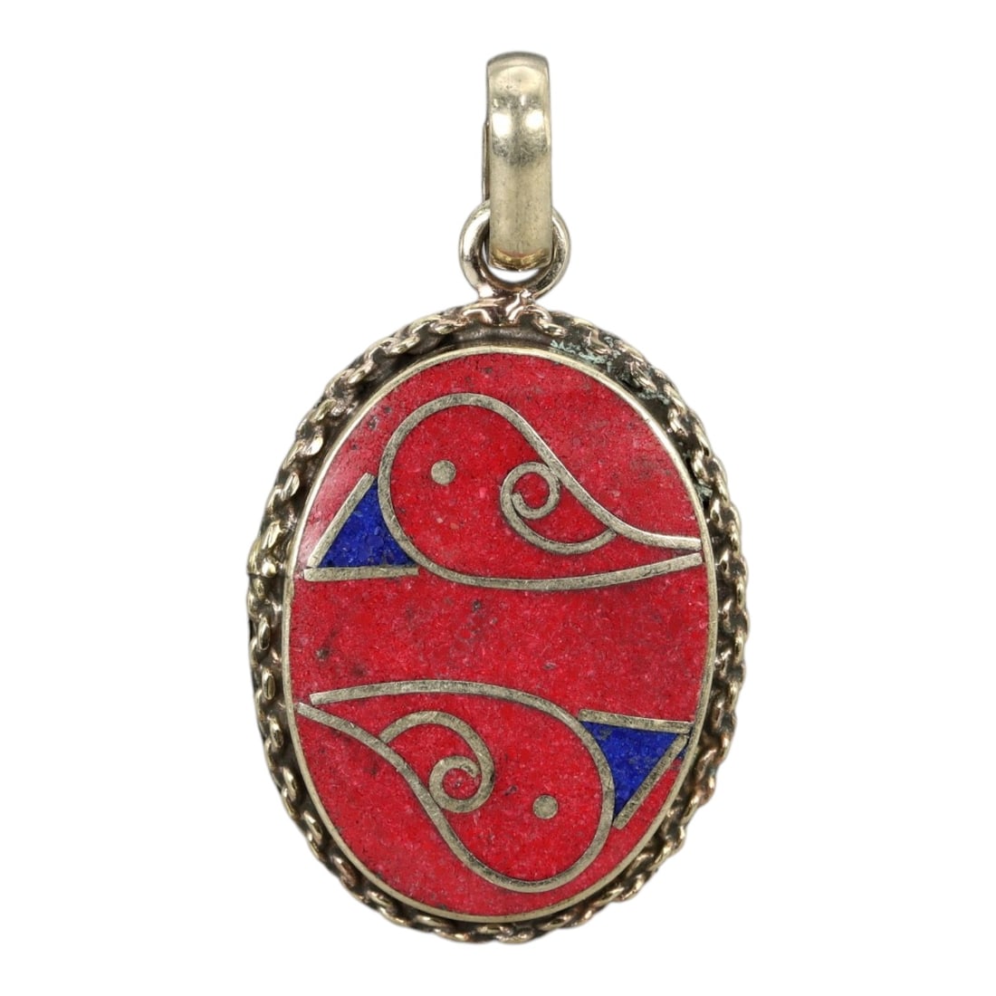 Tibetan Red Coral Inlay Pendant with Twin Bird Motif, 9.4g: This striking oval pendant showcases traditional Tibetan craftsmanship, featuring vibrant red coral inlay adorned with a stylized twin bird motif. Accented with deep blue lapis lazuli beaks and enclos