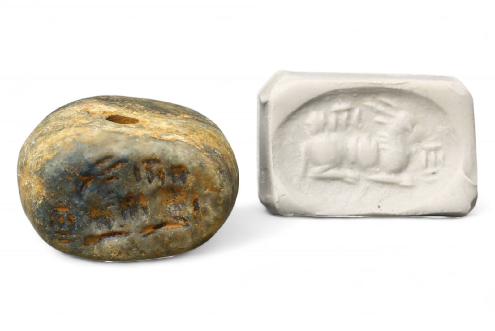 Ancient Neo-Elamite Reclining Ibex and Altar Motif Lapis Lazuli Stamp Seal, c. 800-600 BCE, 13.17g: This richly patinated lapis lazuli stamp seal, dating to the Neo-Elamite period (c. 800-600 BCE), is a powerful emblem of religious symbolism and elite craftsmanship. Carved into its oval base is a re