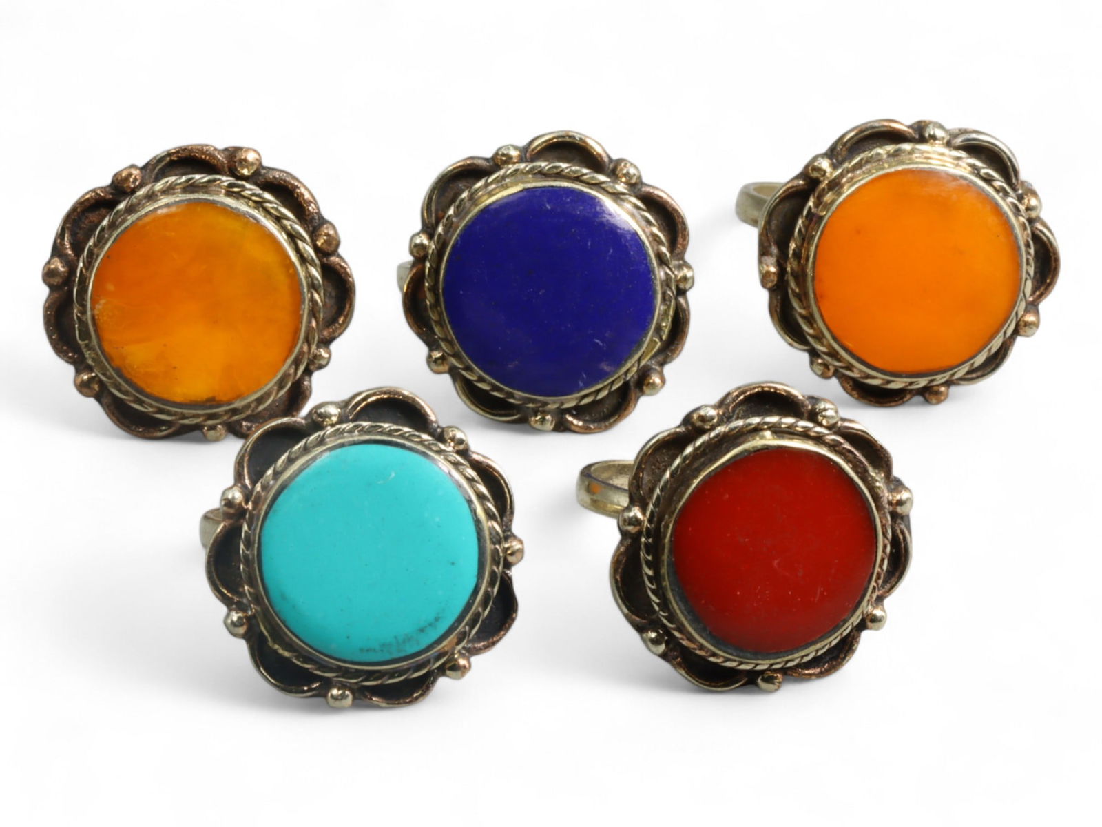 Tibetan Elemental Symbolism Silver Ring Set with Coral, Amber, Lapis, Turquoise, Himalayan, 23g (1 of 2)