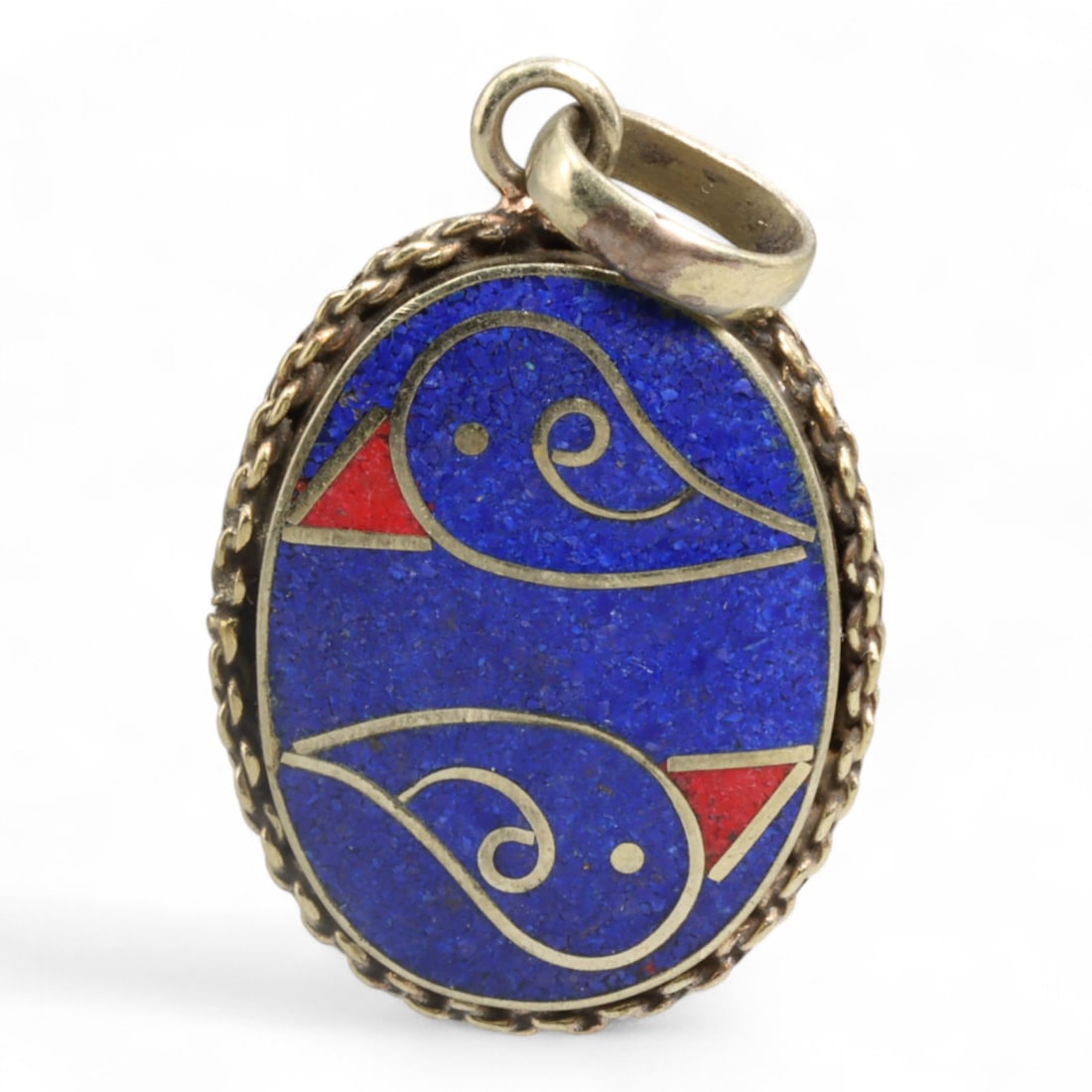 Tibetan Lapis Cloisonne Folk Bird Motif Pendant Necklace, Himalayas Origin, 9g: A celebration of Himalayan folk symbolism, this elegant pendant features a pair of mirrored bird forms rendered in deep lapis lazuli inlay, accented with red coral beaks and bordered in fine golden li