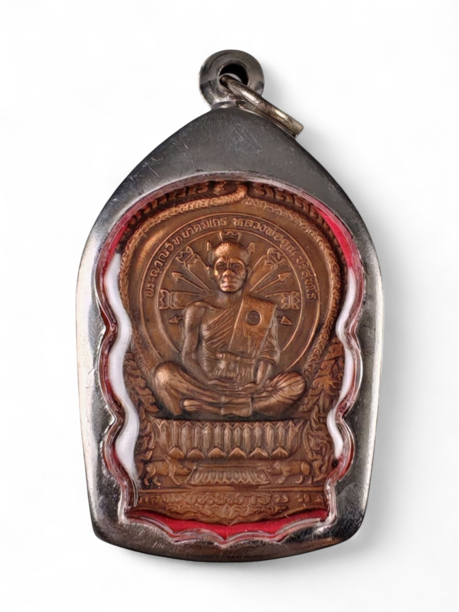 Vintage Thai Buddhist Monk Amulet Medal in Silver-Tone Case, c. 20th Century, 5x3cm (1 of 2)