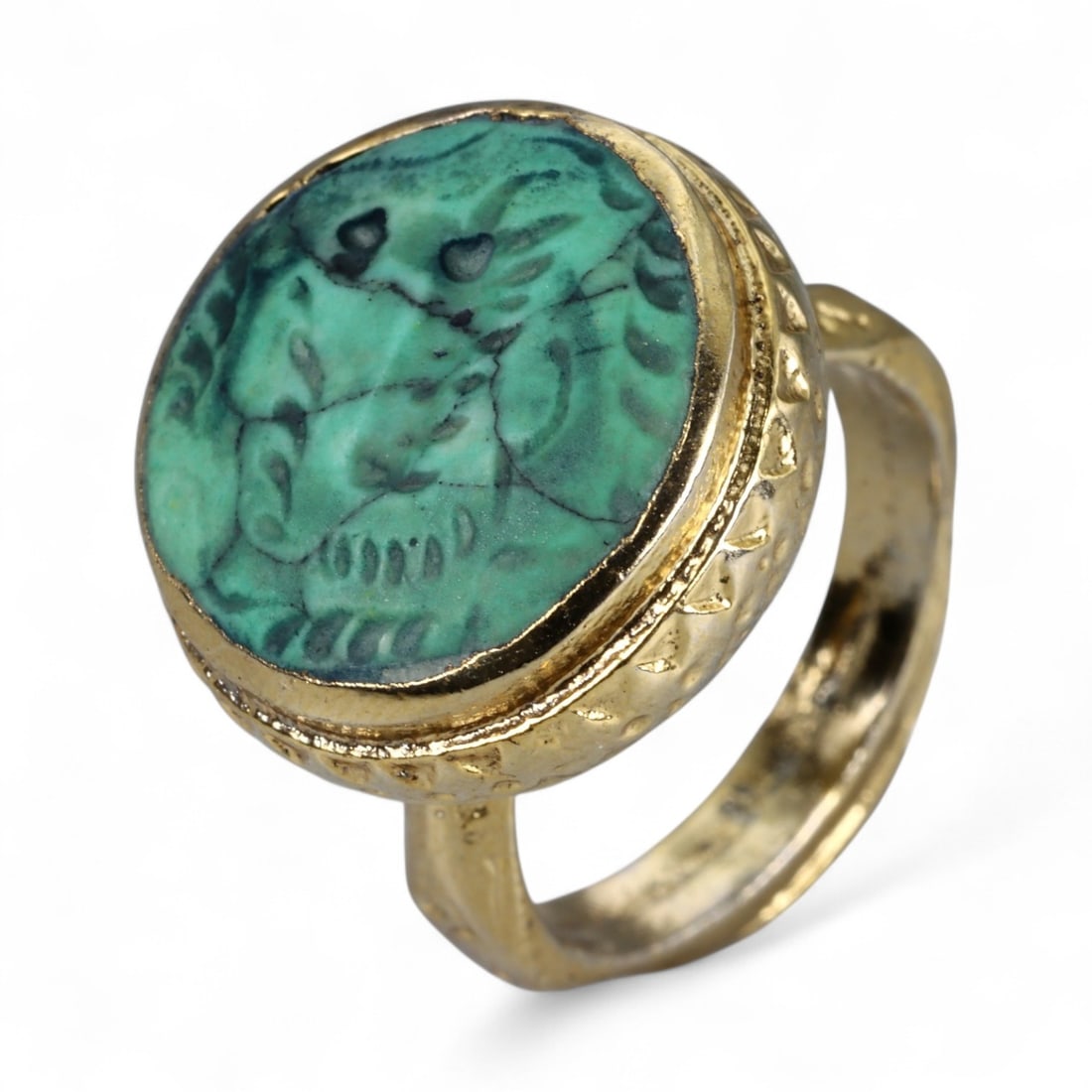 Antique Qajar Gold Gilt Intaglio Signet Ring, c. 19th-20th Century, 8.5 US, 16g: This substantial gilt ring, dating to the Qajar era of the 19th-20th century, embodies the regal aesthetic and cultural refinement of Persian jewelry traditions. The bezel is set with an engraved inta