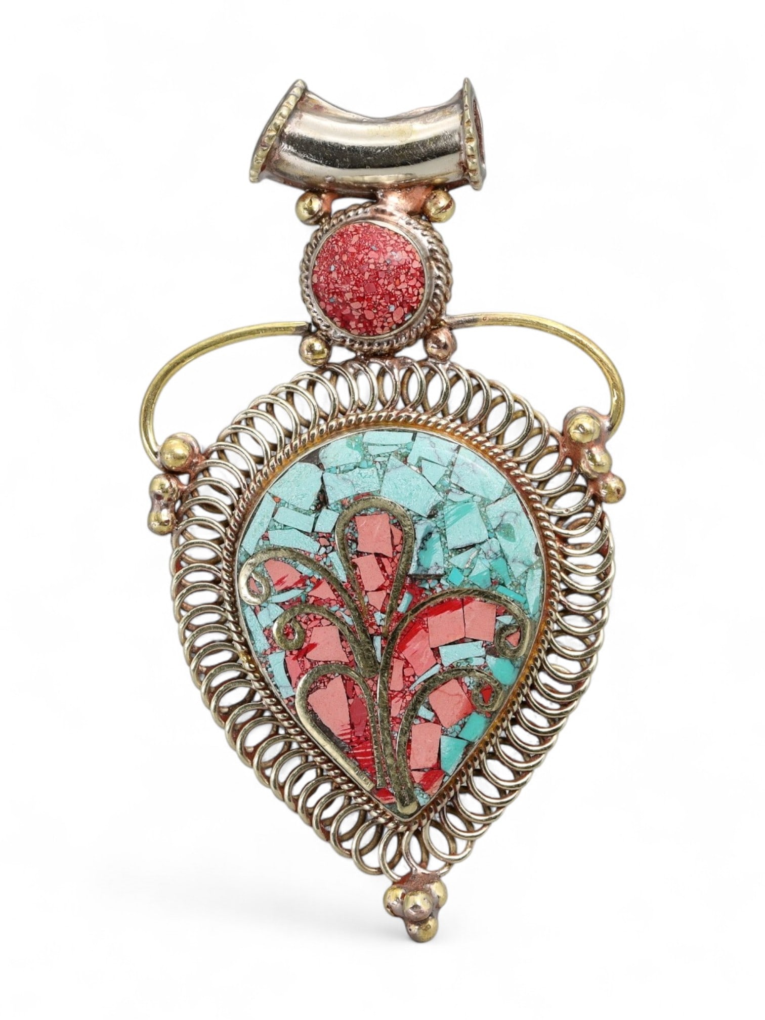 Vintage Himalayan Coral Turquoise Mosaic Silver Pendant, 20th Century, 7.2cm: This striking vintage Himalayan pendant displays an exquisite mosaic of coral and turquoise, arranged in a stylized floral motif framed by delicate coiled silver wirework. The teardrop-shaped pendant 