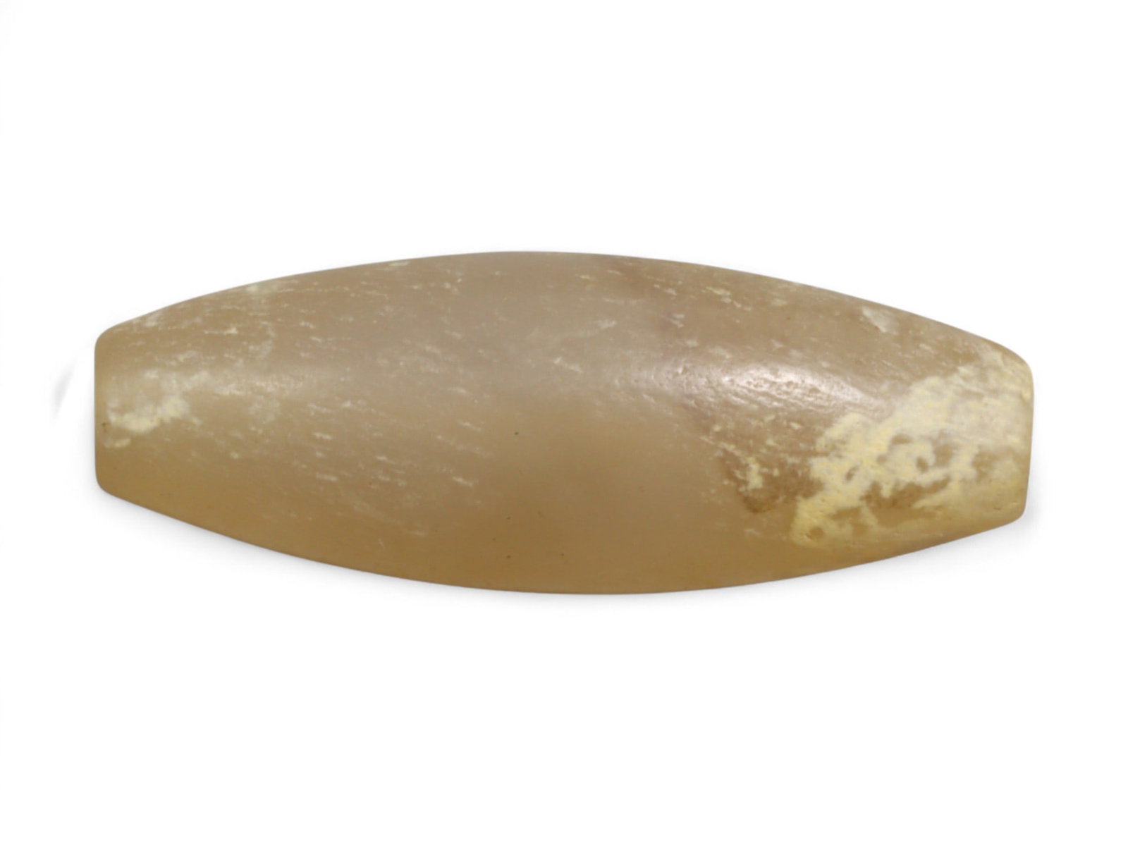 Ancient Achaemenid Parthian Long Barrel Agate Bead, c. 5th Century BCE-2nd Century CE, 4cm, 12g: This elegant bead, carved from agate, its form is a long barrel (elongated cylindrical) shape, tapering slightly at both ends, a style widely favored in the Achaemenid through Parthian periods (c. 550