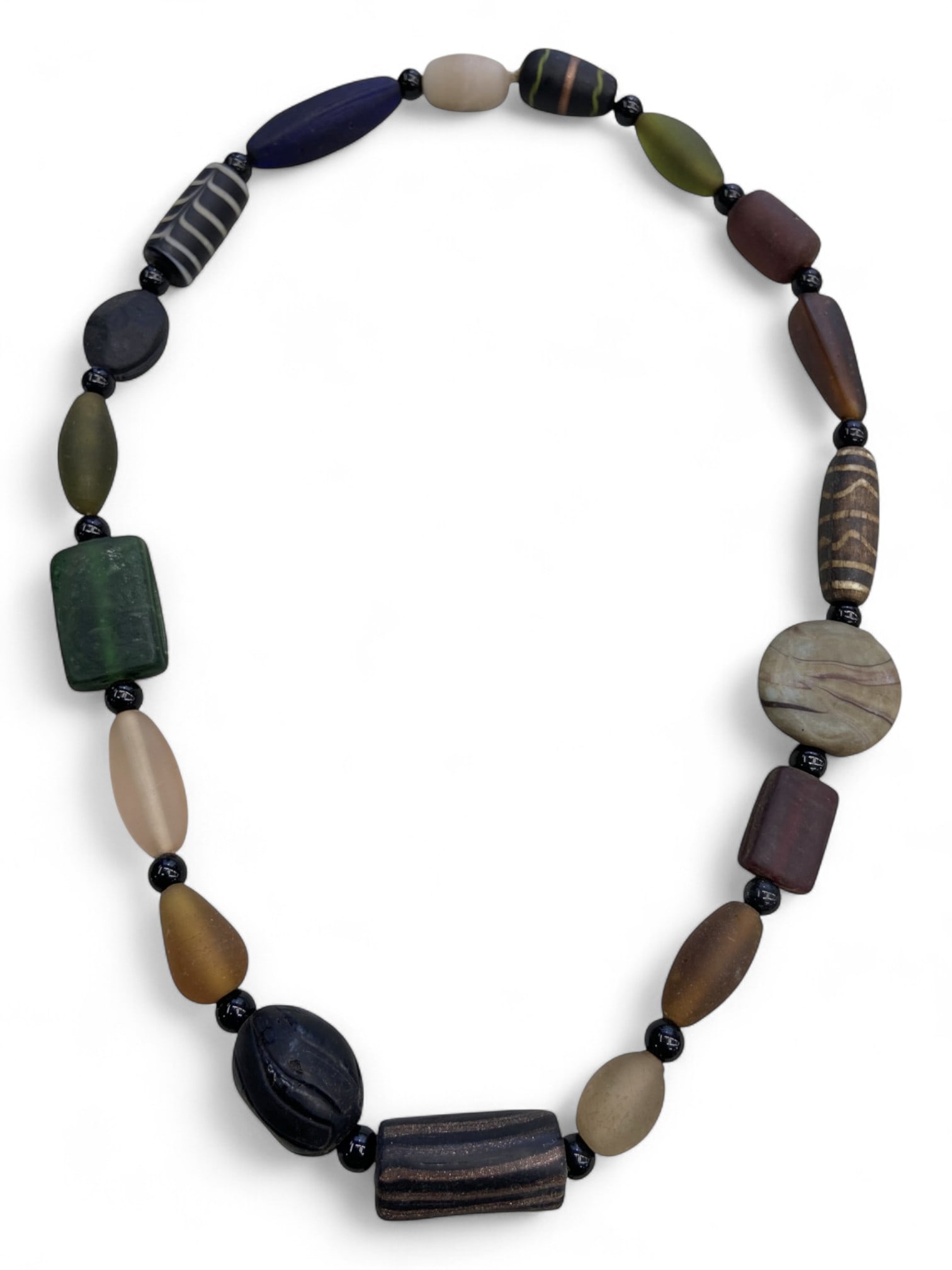 Antique Venetian Trade Glass Bead Necklace Strand, Mixed Forms, c. 19th Century, 89g: This antique strand is composed of an eclectic mix of Venetian glass trade beads, produced in Murano during the 19th century. The beads vary widely in form and coloration, including elongated ovals, r