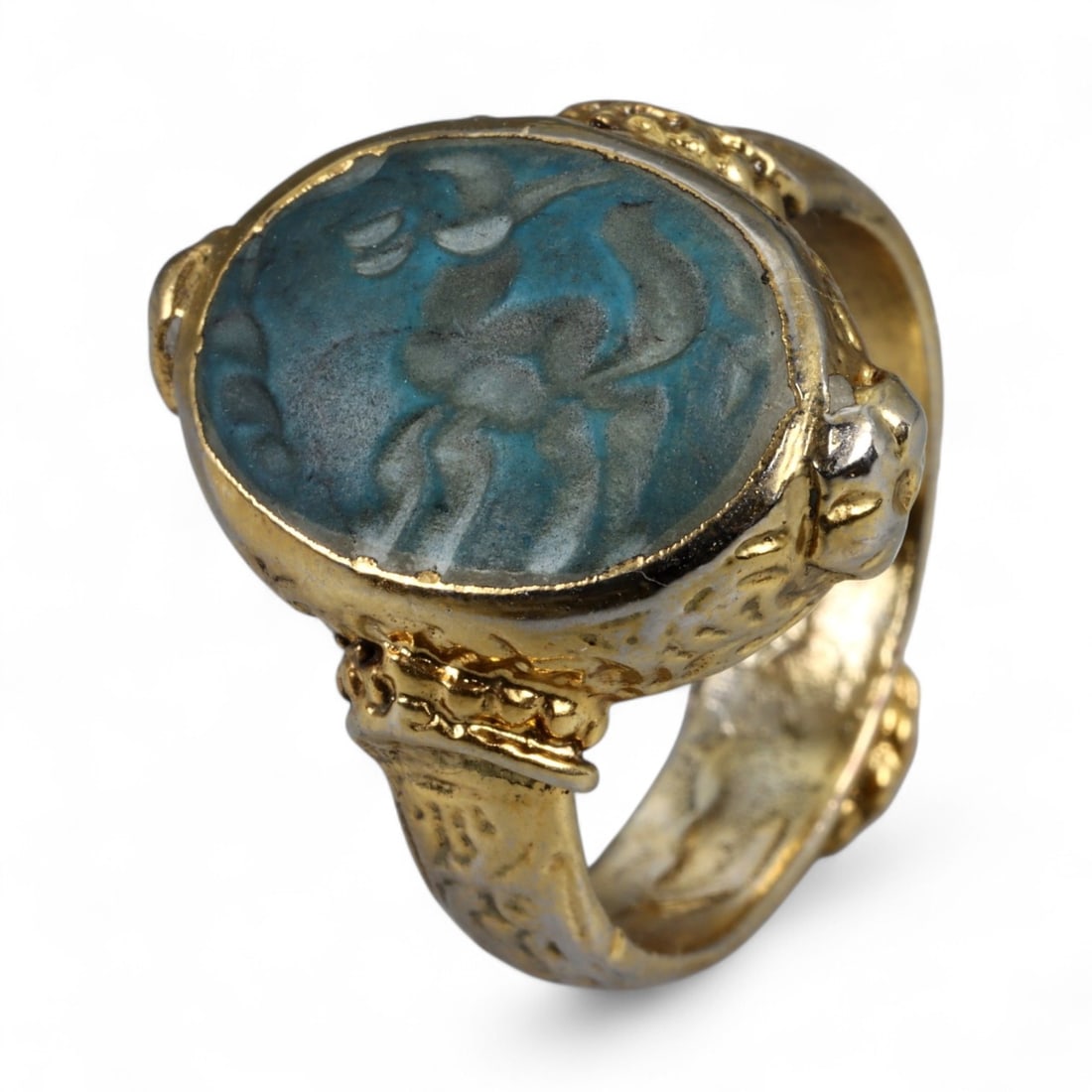 Antique Qajar Gold Gilt Intaglio Signet Ring, c. 19th-20th Century, 8 US, 14g (1 of 3)