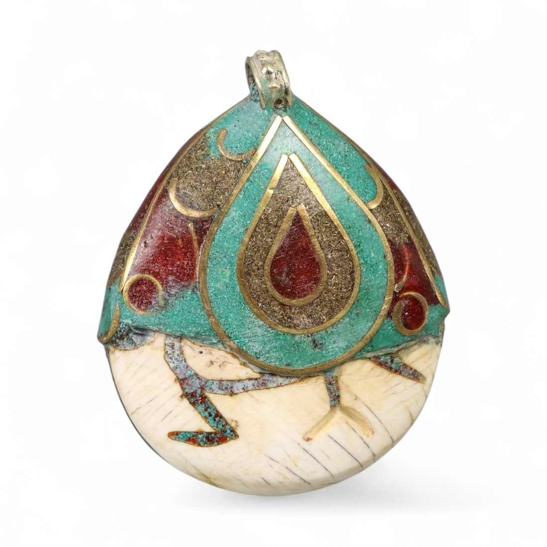 Vintage Himalayan Bone Turquoise Coral Drop Form Pendant, 20th Century, 5.5cm: This Himalayan pendant, crafted in the 20th century, combines natural bone with colorful turquoise and coral inlays set in gilt copper. The design features a bold drop-shaped motif rendered in green a