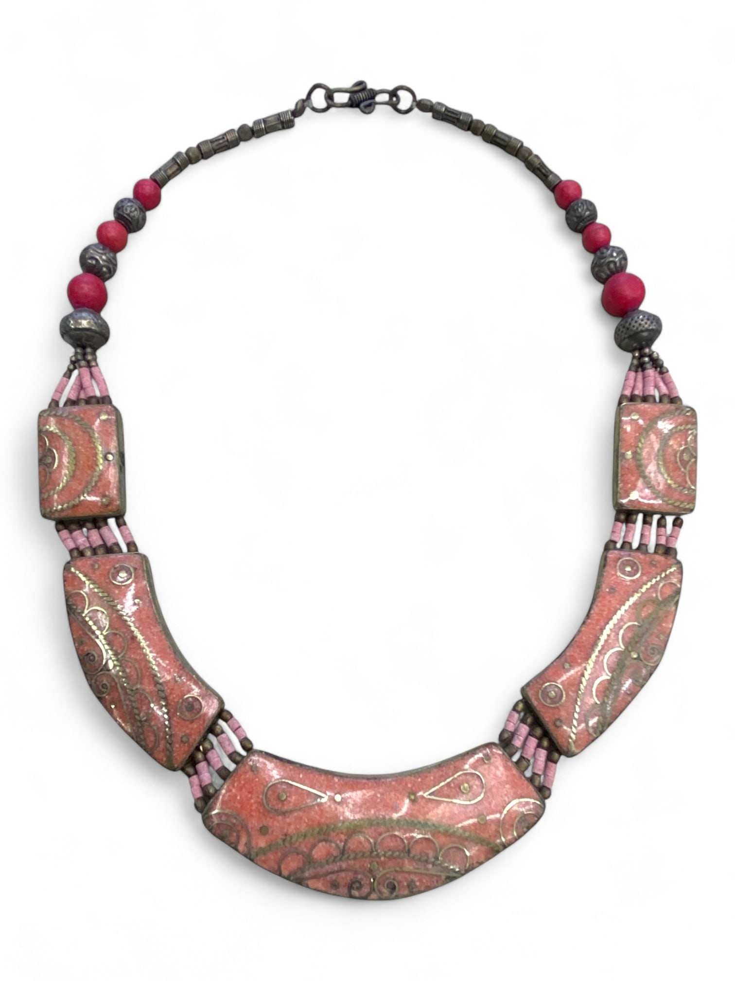 Vintage Himalayan Tribal Red Coral Inlay Silver Bead Necklace, 20th Century, 125g (1 of 2)