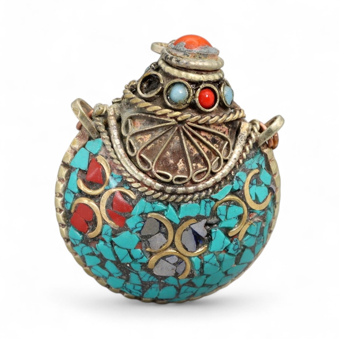 Vintage Himalayan Tibetan Turquoise Coral Lapis Inlay Snuff Bottle, 20th Century, 4cm (1 of 2)