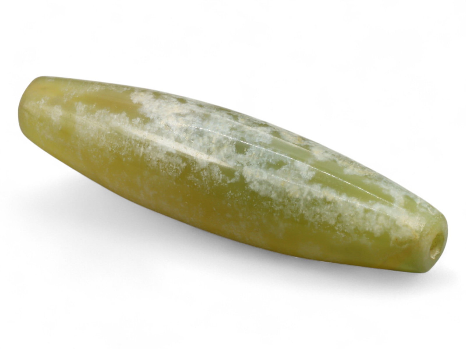 Ancient Indus Valley Green Agate Bicone Bead, c. 2600-1900 BCE 8g: This elongated bicone bead, carved from rare green agate, originates from the Indus Valley Civilization, c. 2600-1900 BCE. The Harappans were famed for their lapidary craftsmanship, producing beads th