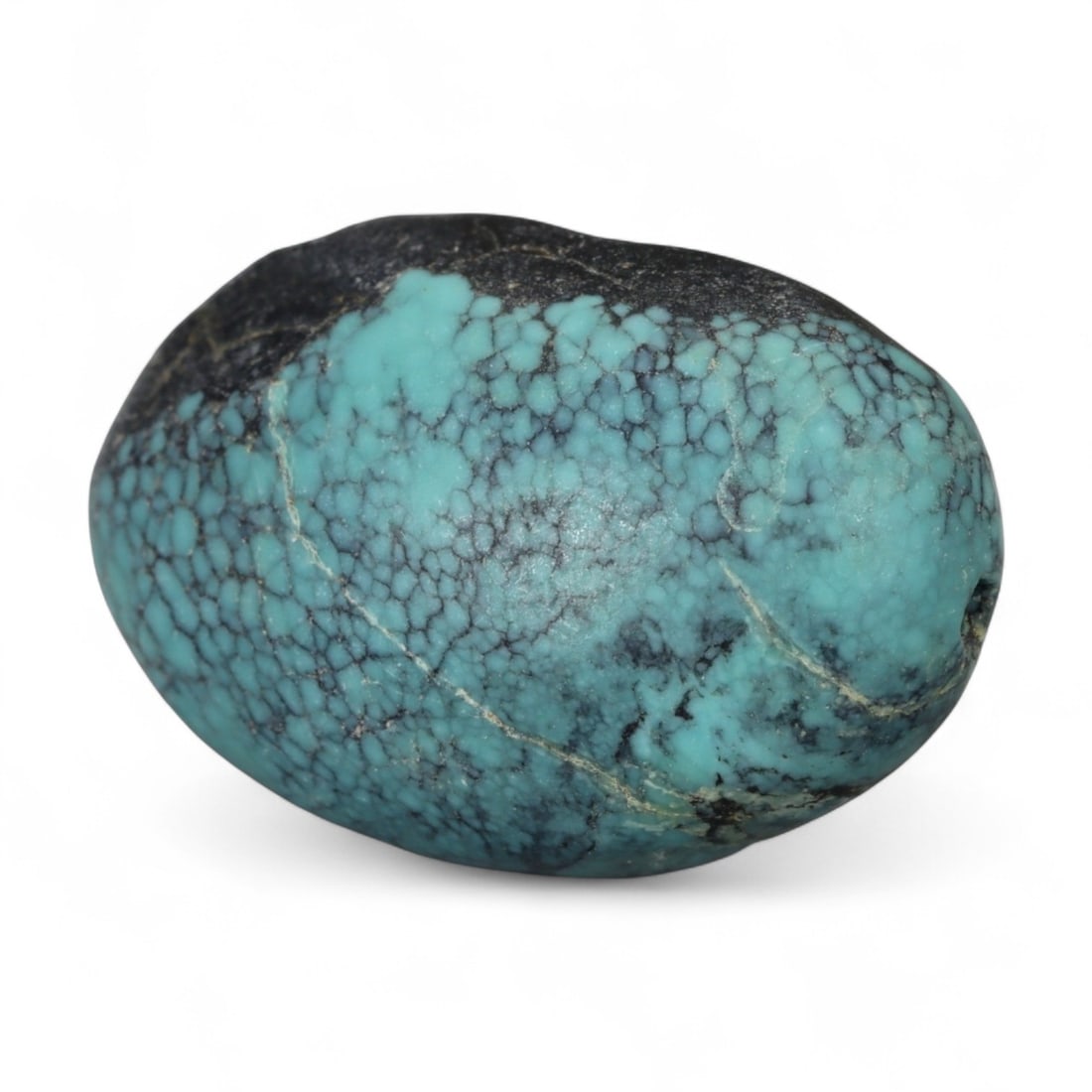 Antique Tibetan Mala Prayer Turquoise Amulet Bead, c. 18th-19th Century, 2.3cm, 5g: This striking turquoise bead from Tibet, dating to the 18th-19th century, embodies the deep spiritual and cultural reverence accorded to this precious stone in Himalayan tradition. Its organic, rounde