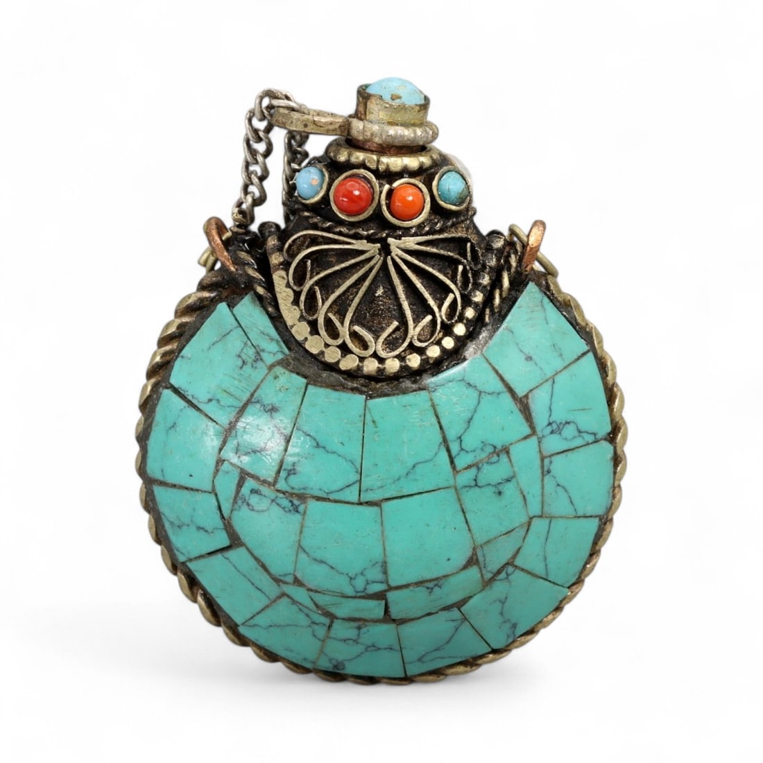 Vintage Himalayan Tibetan Turquoise Coral Lapis Inlay Snuff Bottle, 20th Century, 4.6cm (1 of 2)