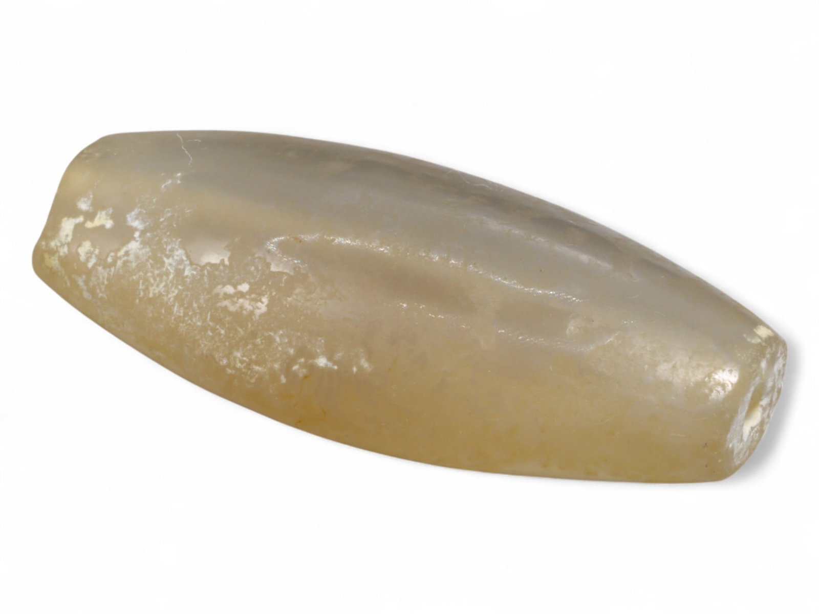 Ancient Indus Valley Agate Bicone Bead, c. 2600-1900 BCE, 4cm, 12g: This large agate bicone bead, dating to the Indus Valley Civilization (c. 2600-1900 BCE), reflects the advanced lapidary skills that made Harappan artisans renowned throughout the ancient world. Beads