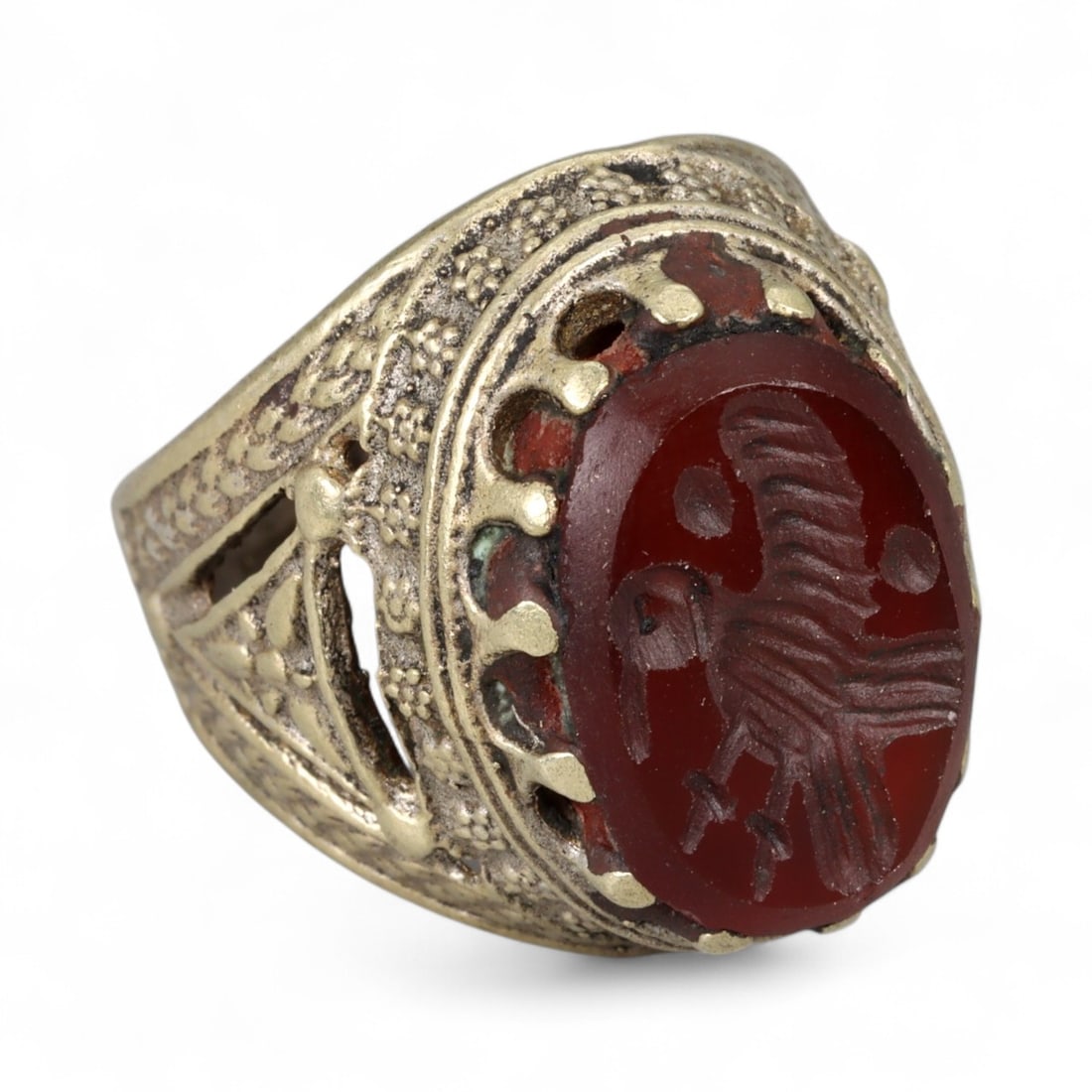Antique Persian Style Carnelian Bird Intaglio Silver Gilt Ring, c. 19th-20th Century 9g (1 of 3)