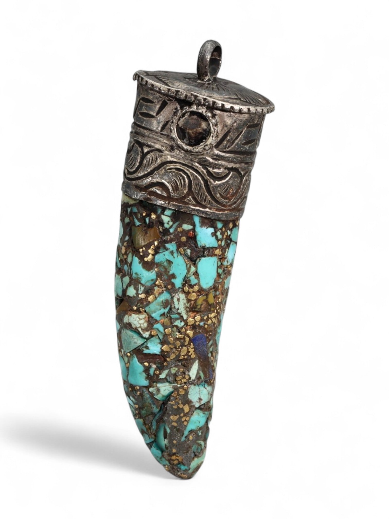 Vintage Himalayan Tibetan Turquoise Inlay Silver Amulet Pendant, 20th Century, 6cm: This vintage Himalayan Tibetan pendant takes the form of a protective amulet, crafted with a long tapering body densely inlaid with turquoise fragments. The upper section is capped with a silver mount