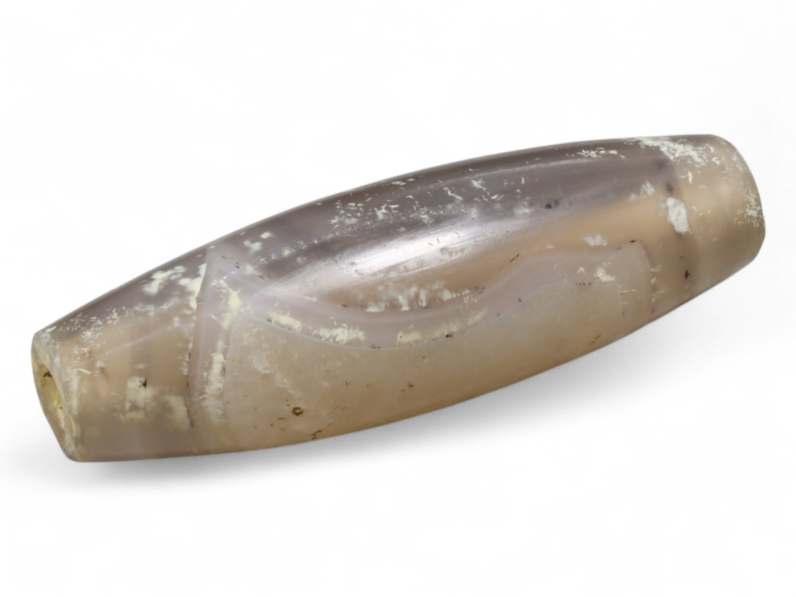 Ancient Indus Valley Agate Bicone Bead, c. 2600-1900 BCE, 4.5cm, 12g: This large and weighty bicone bead, carved from pale agate, originates from the Indus Valley Civilization, c. 2600-1900 BCE. Indus lapidaries were renowned for their bead-making expertise, producing h