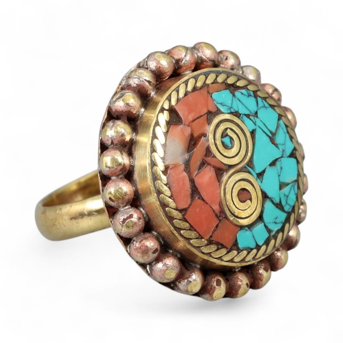 Vintage Himalayan Coral Turquoise Mosaic Spiral Ring, 20th Century, US 8.75 (1 of 3)