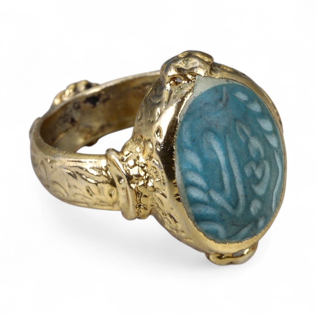 Antique Qajar Gold Gilt Intaglio Signet Ring, c. 19th-20th Century, 9 US, 14g (1 of 3)