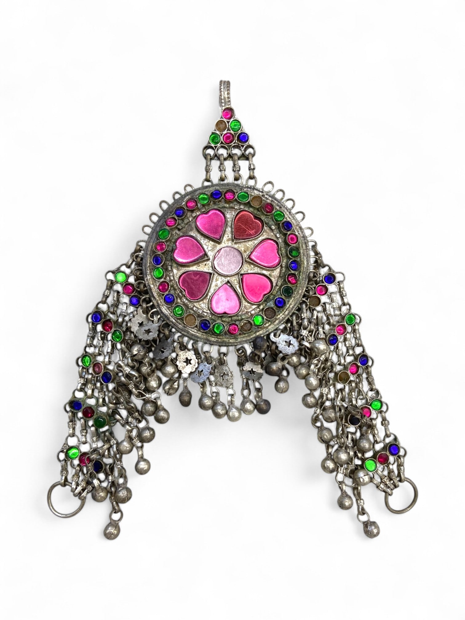 Afghan Kuchi Tribal Pendant with Pink Glass Inlays and Dangle Chains, Central Asia Design, 93g (1 of 2)