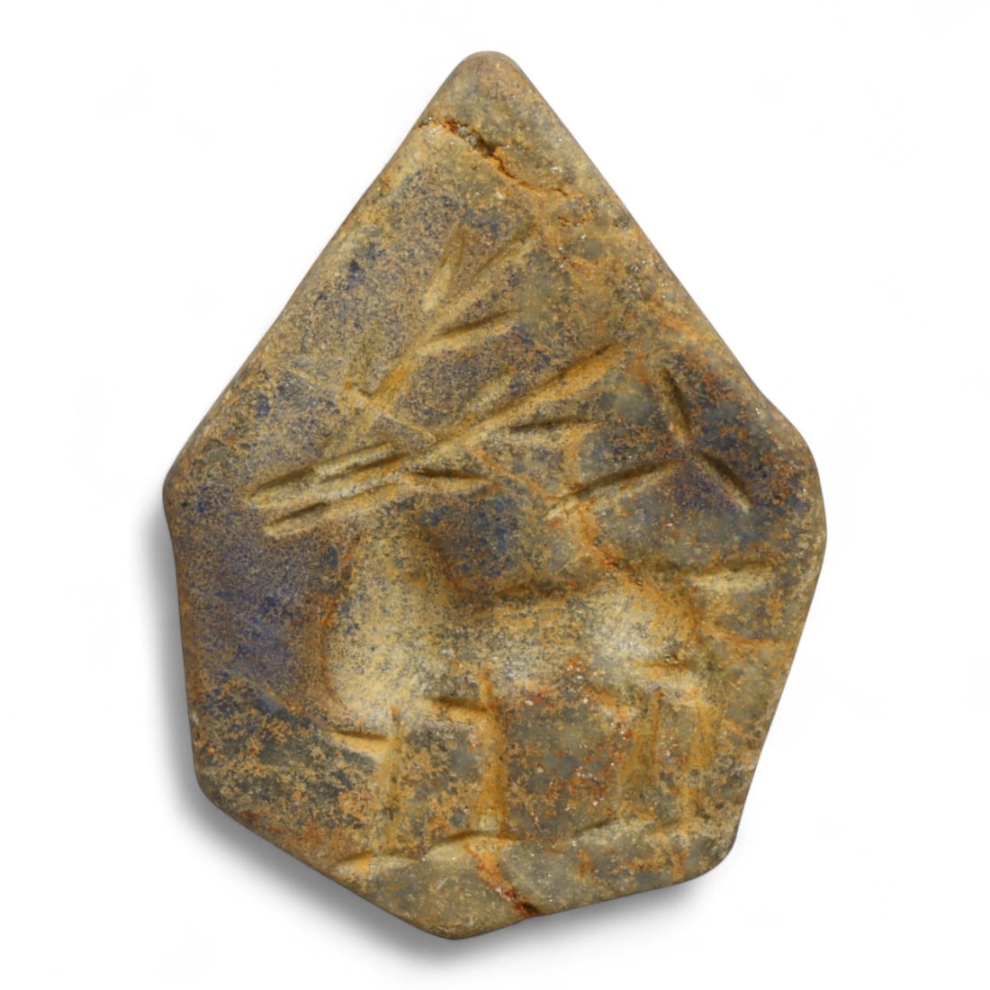Ancient Mesopotamian Akkadian Lapis Lazuli Amulet with Ibex and Branch, c. 2300-2100 BCE 15g: This elegant lapis lazuli amulet, measuring 4.2 cm (1.65 in) in height and weighing 15 g (0.53 oz), dates to the Akkadian Empire, c. 2334-2154 BCE. The surface depicts an ibex in profile, distinguishe
