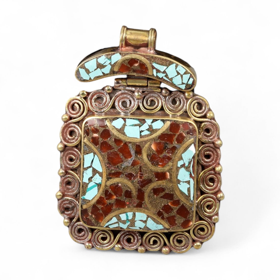Vintage Himalayan Gilt Copper Turquoise Coral Mosaic Amulet Pendant, 20th Century, 6.5cm (1 of 2)