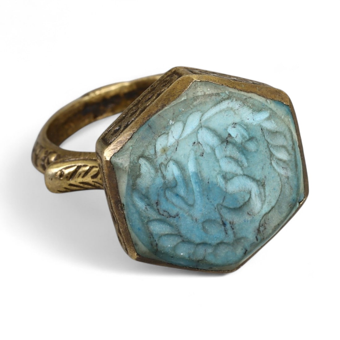 Antique Qajar Gold Gilt Intaglio Signet Ring, c. 19th-20th Century, 9 US, 14g (1 of 3)