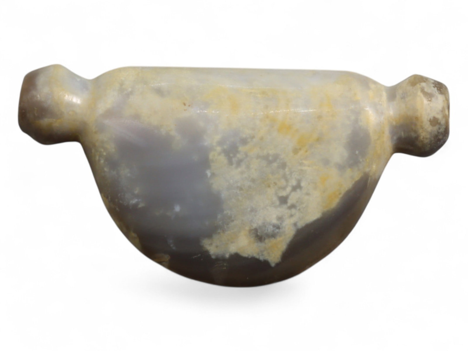Ancient Persian Achaemenid Agate Bow-Shaped Bead, c. 1st Millennium BC, 3.9cm, 6g: This finely crafted bow-shaped bead, carved from dark banded agate with lighter terminals. Its smooth curvature and carefully drilled perforation mark it as a product of the advanced lapidary traditio