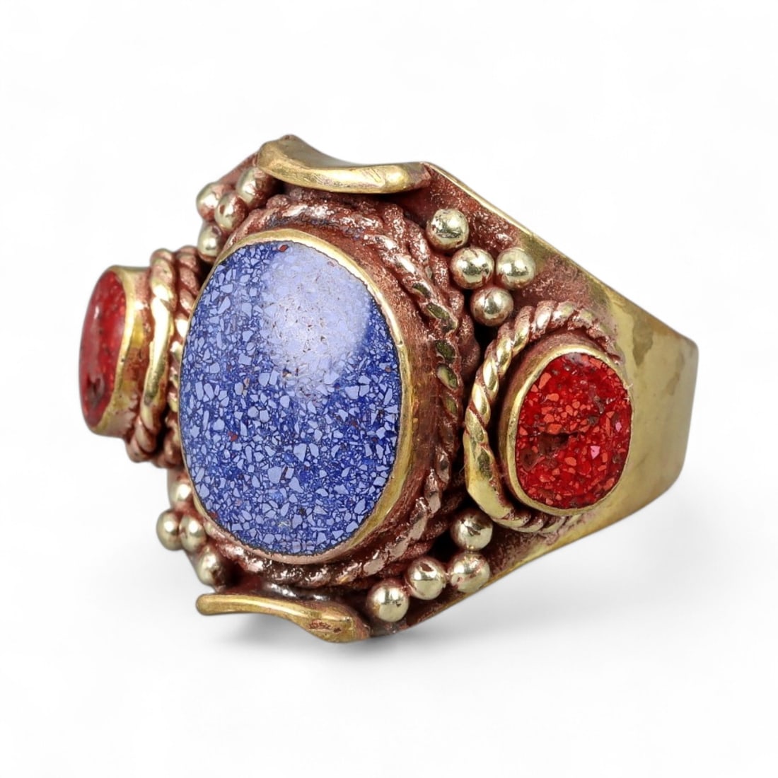 Vintage Himalayan Lapis Coral Triple Stone Bronze Ring, 20th Century, US 12 (1 of 3)