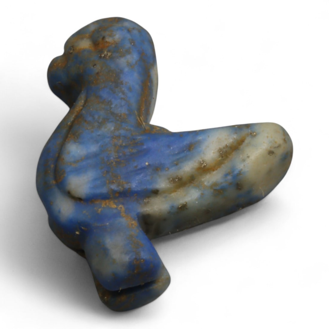 Ancient Egyptian Lapis Lazuli Bird Amulet, c. 2nd-1st Millennium BCE 1g: This small yet exquisite amulet, carved from vibrant lapis lazuli, measures 1.5 cm and weighs 1 gram. Its form depicts a stylized bird, with outstretched wings and a defined beak, strongly connected t