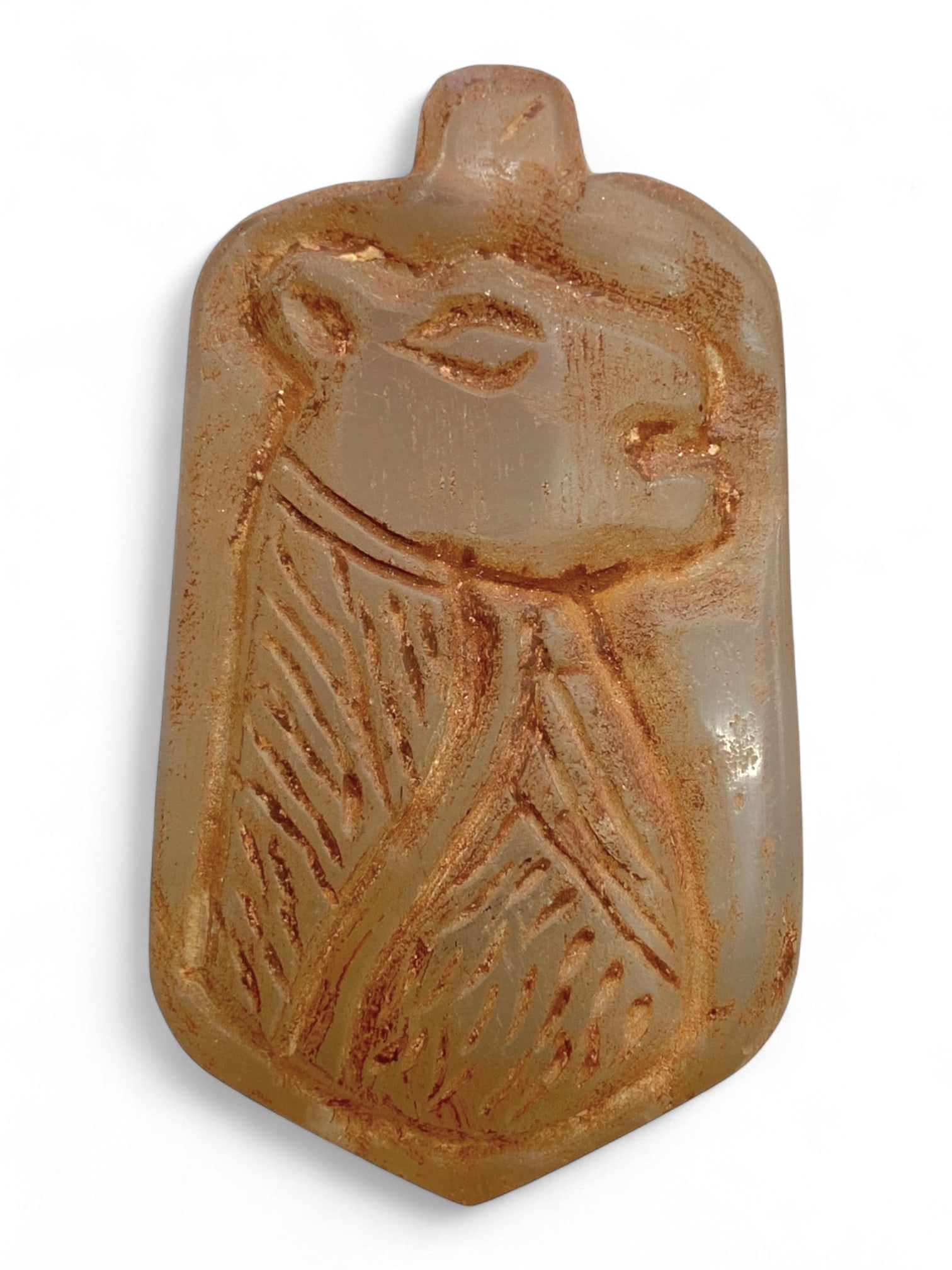 Ancient Sasanian Chalcedony Pendant Amulet, c. 3rd-6th Century CE, 5.5cm, 32g: Chalcedony pendants from the Sasanian period are valued as both ornamental and protective objects, crafted with refined skill to embody the empire's rich artistic and spiritual traditions. The use of