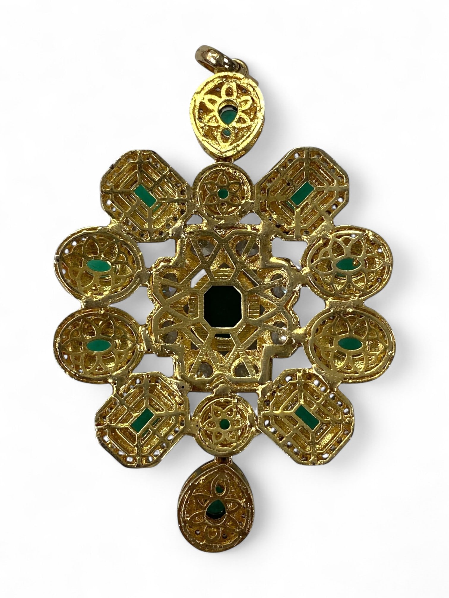 Moorish Andalusian Star Gilt Filigree Pendant with Green Glass Inlay, 34g: This striking pendant draws its artistic essence from the geometric and floral traditions of Moorish Andalusia, blending symmetrical starwork with ornate lattice filigree. Its centerpiece features an 