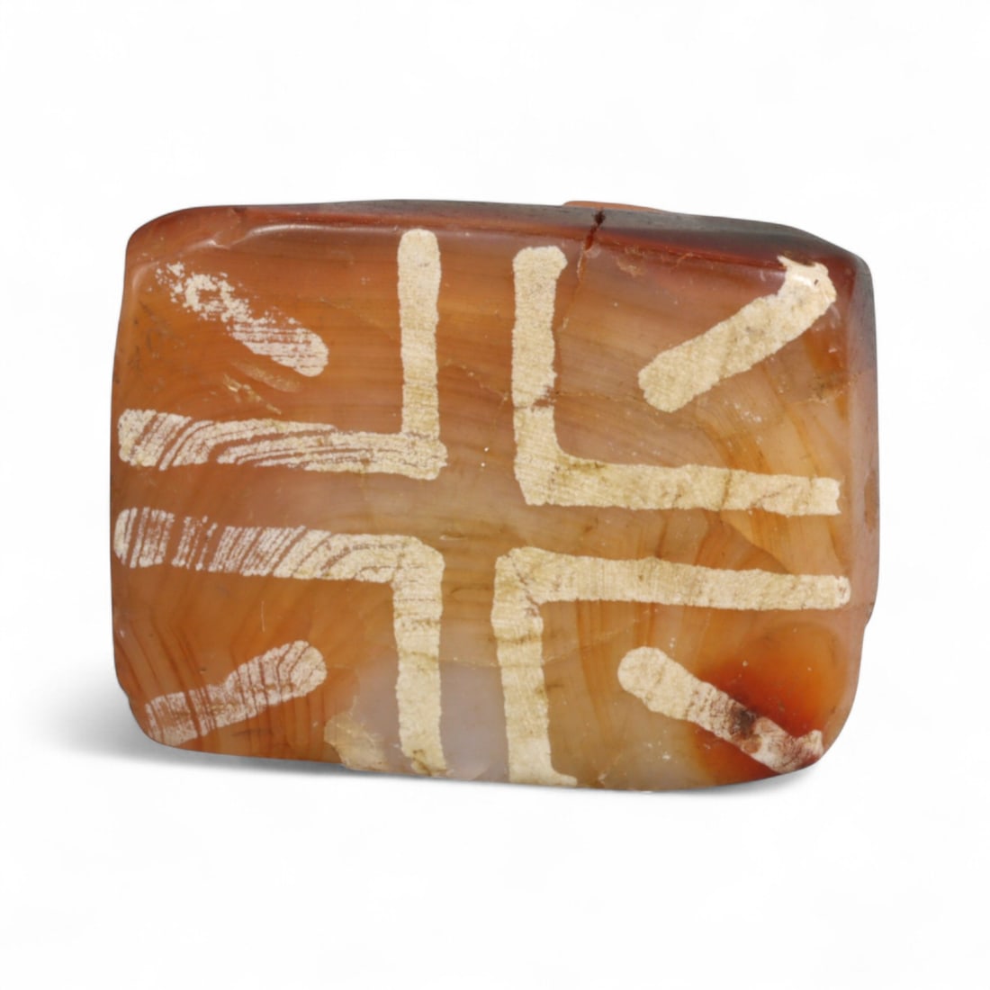 Ancient Silk Road Indo-Himalayan Etched Carnelian Bead, c. 8th-12th Century CE, 2.4cm: This rare etched carnelian bead originates from the Indo-Himalayan region, dating to the 8th-12th century CE, a period when sacred art and long-distance trade flourished across northern India, Nepal, 