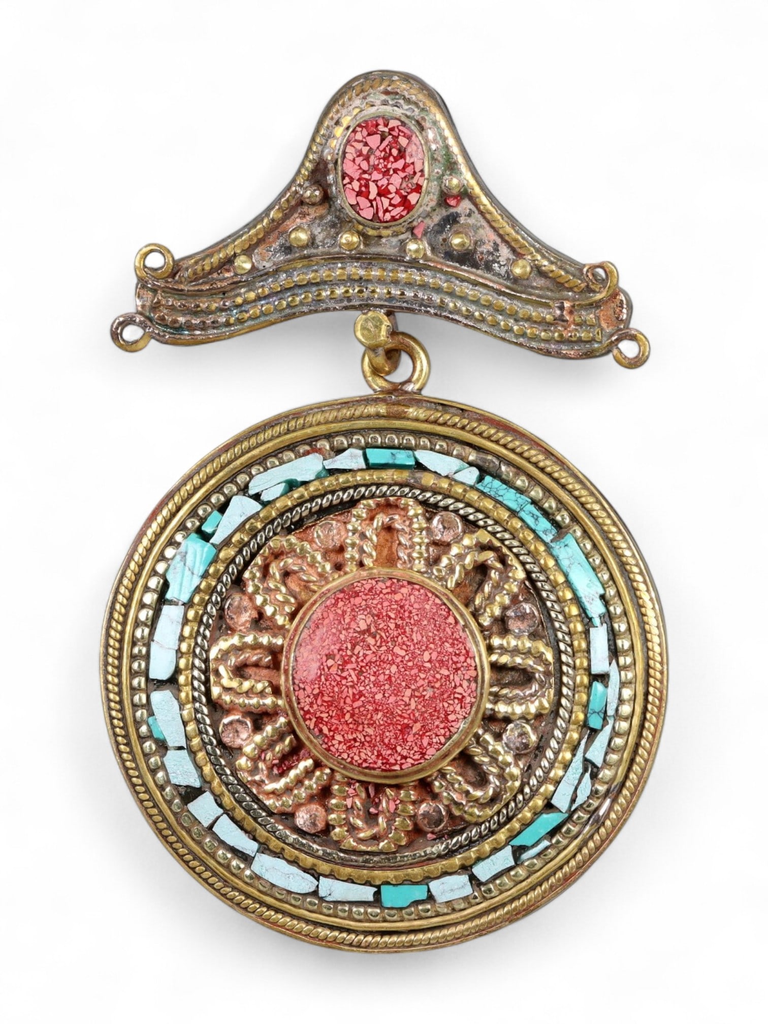 Vintage Himalayan Gilt Copper Coral Turquoise Sunburst Amulet Pendant, 20th Century, 7.5cm (1 of 2)
