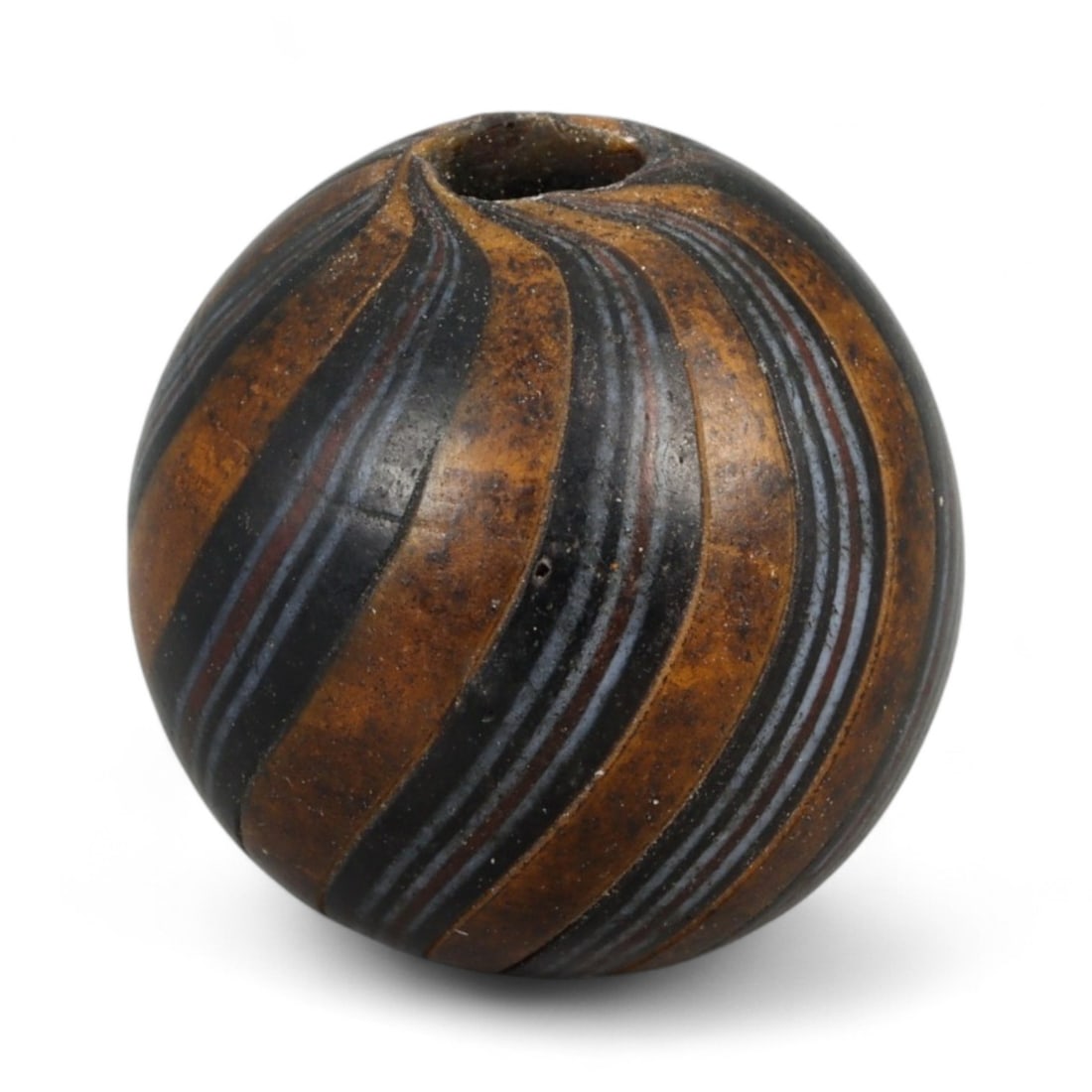 Antique Midcentury Venetian Polychrome Chevron Glass Bead, c. 20th Century 1.8cm: This richly colored bead originates from the Venetian glassmaking tradition, crafted in the mid-20th century, when Murano artisans continued the centuries-old art of creating millefiori and chevron-st