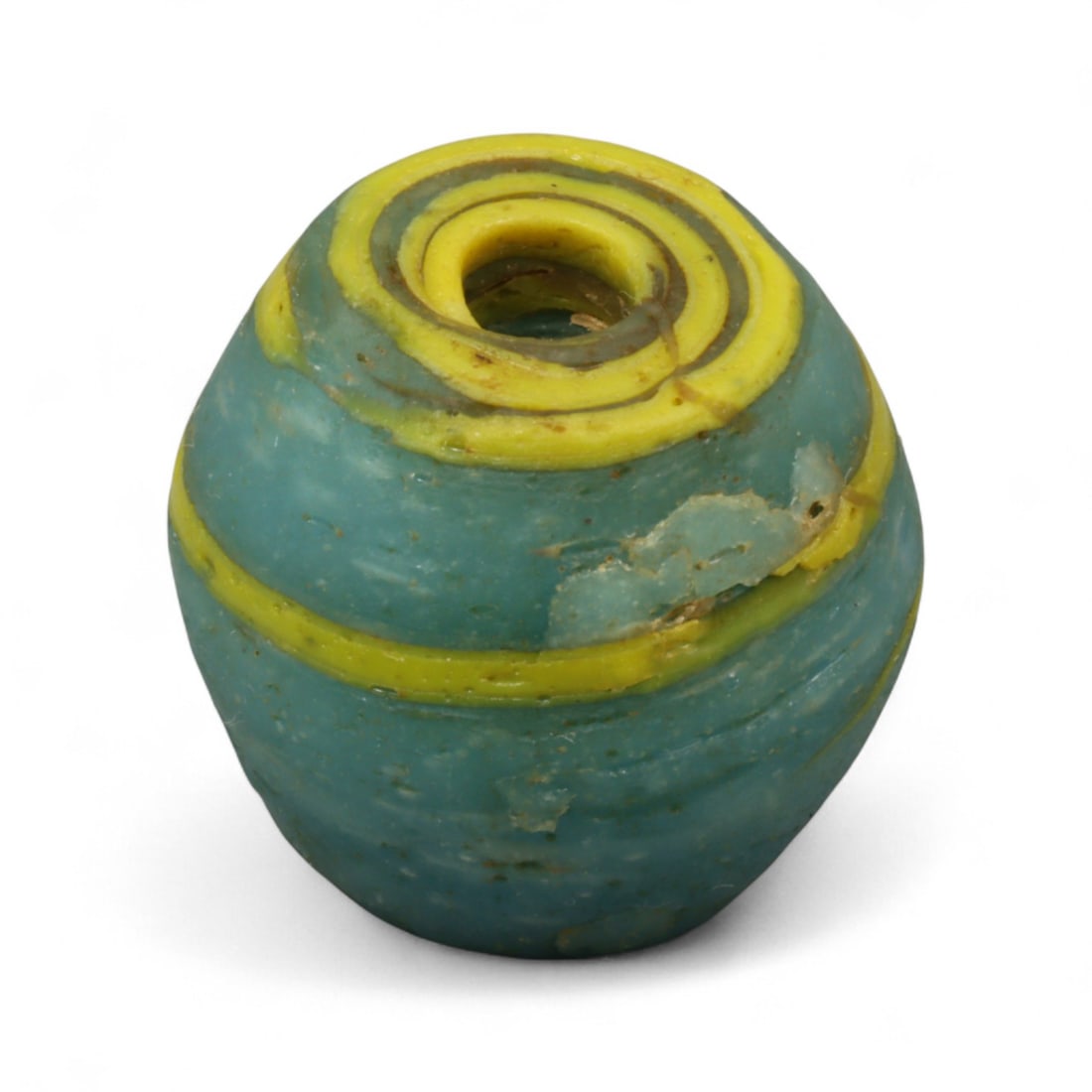 Antique Venetian Wound Glass Trade Bead, Blue with Yellow Stripes, c. 19th Century, 2cm (1 of 2)