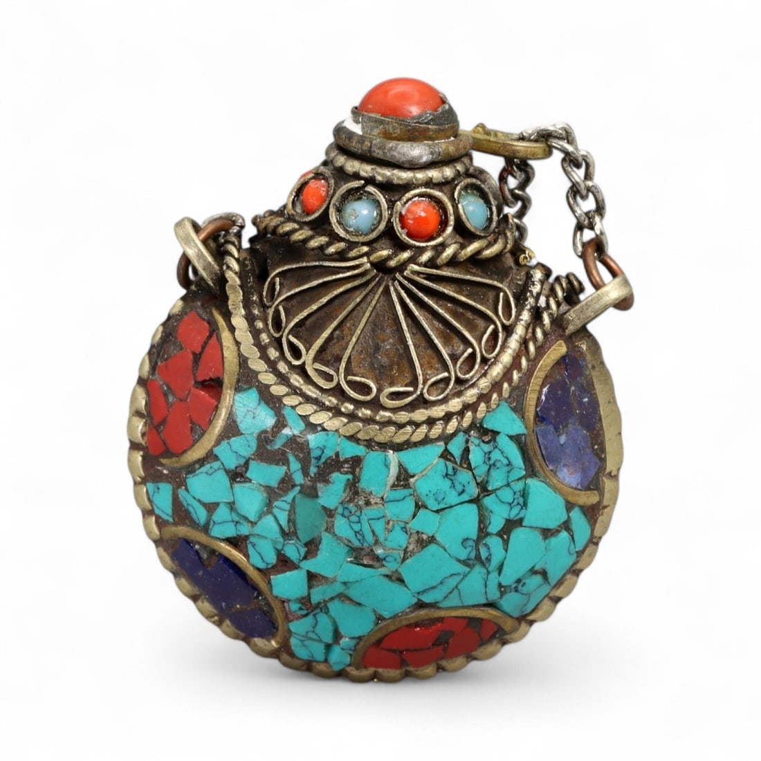 Vintage Himalayan Tibetan Turquoise Coral Lapis Inlay Snuff Bottle, 20th Century, 4cm (1 of 2)