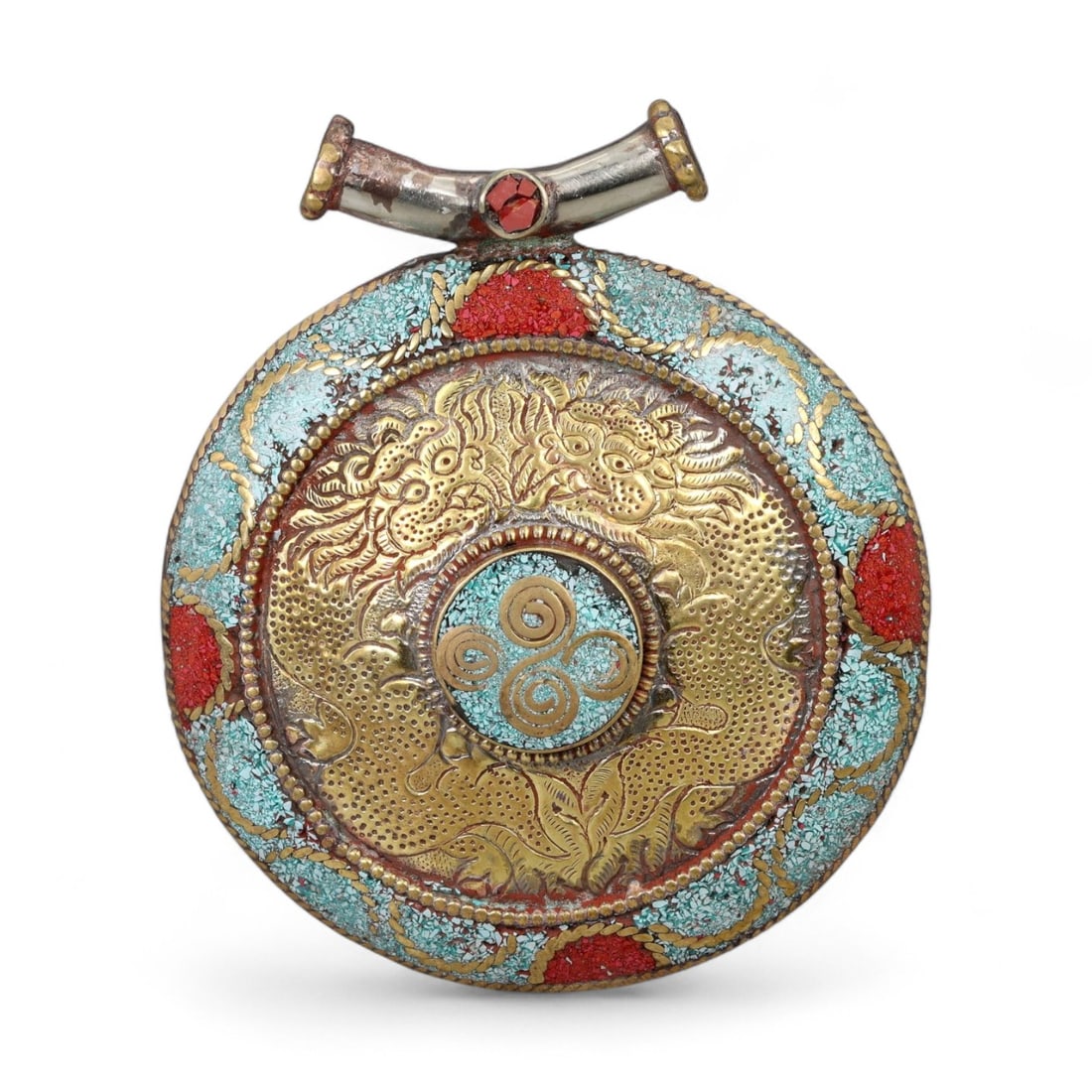 Vintage Himalayan Gilt Copper Dragon Turquoise Coral Amulet Pendant, 20th Century, 7.5cm: This commanding Himalayan amulet pendant, crafted in the 20th century, displays masterful gilt copper repousse work combined with turquoise and coral inlay. The circular form is centered with a raised